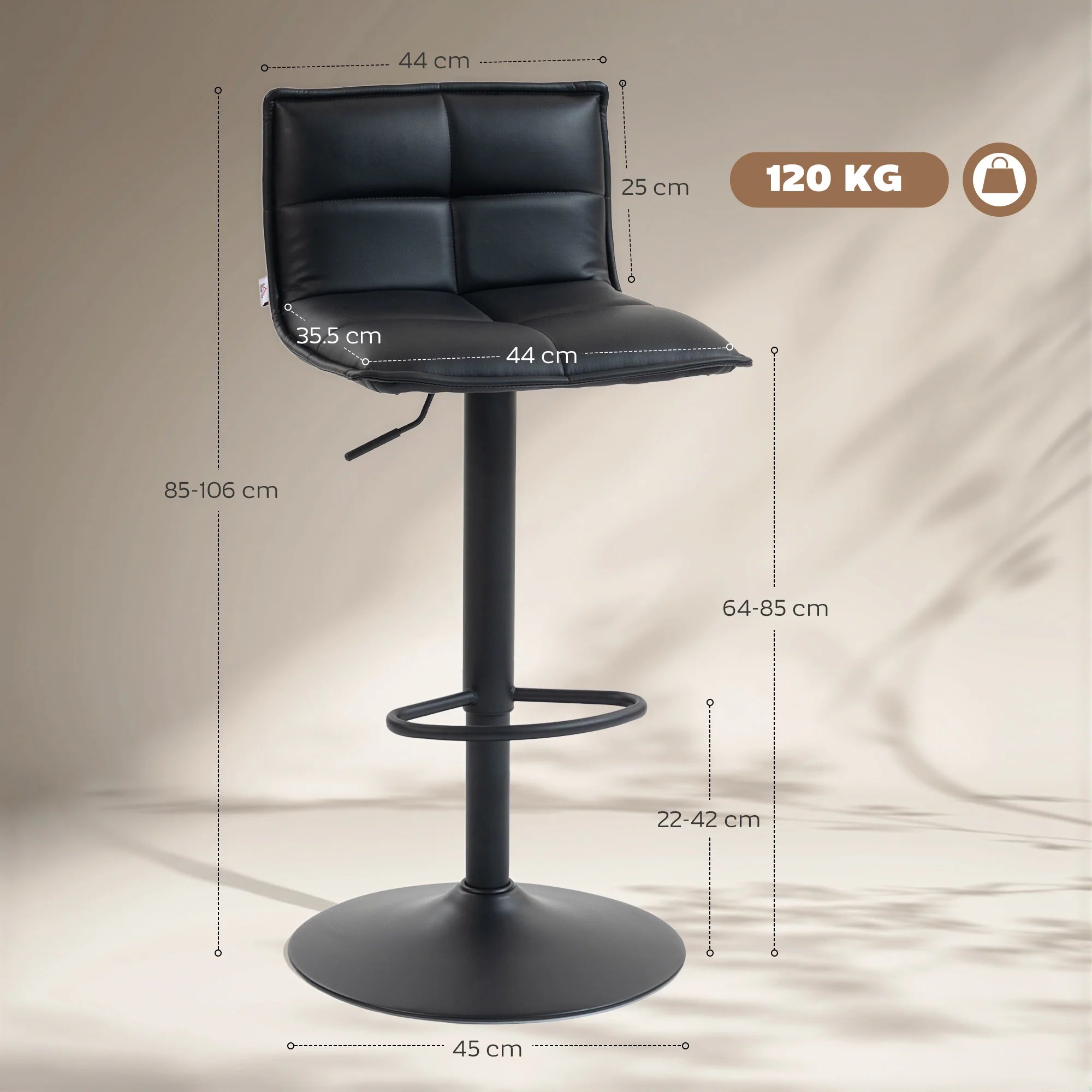HOMCOM Bar Stools Set Of 2 Swivel Height Adjustable Barstools Black - Image 5