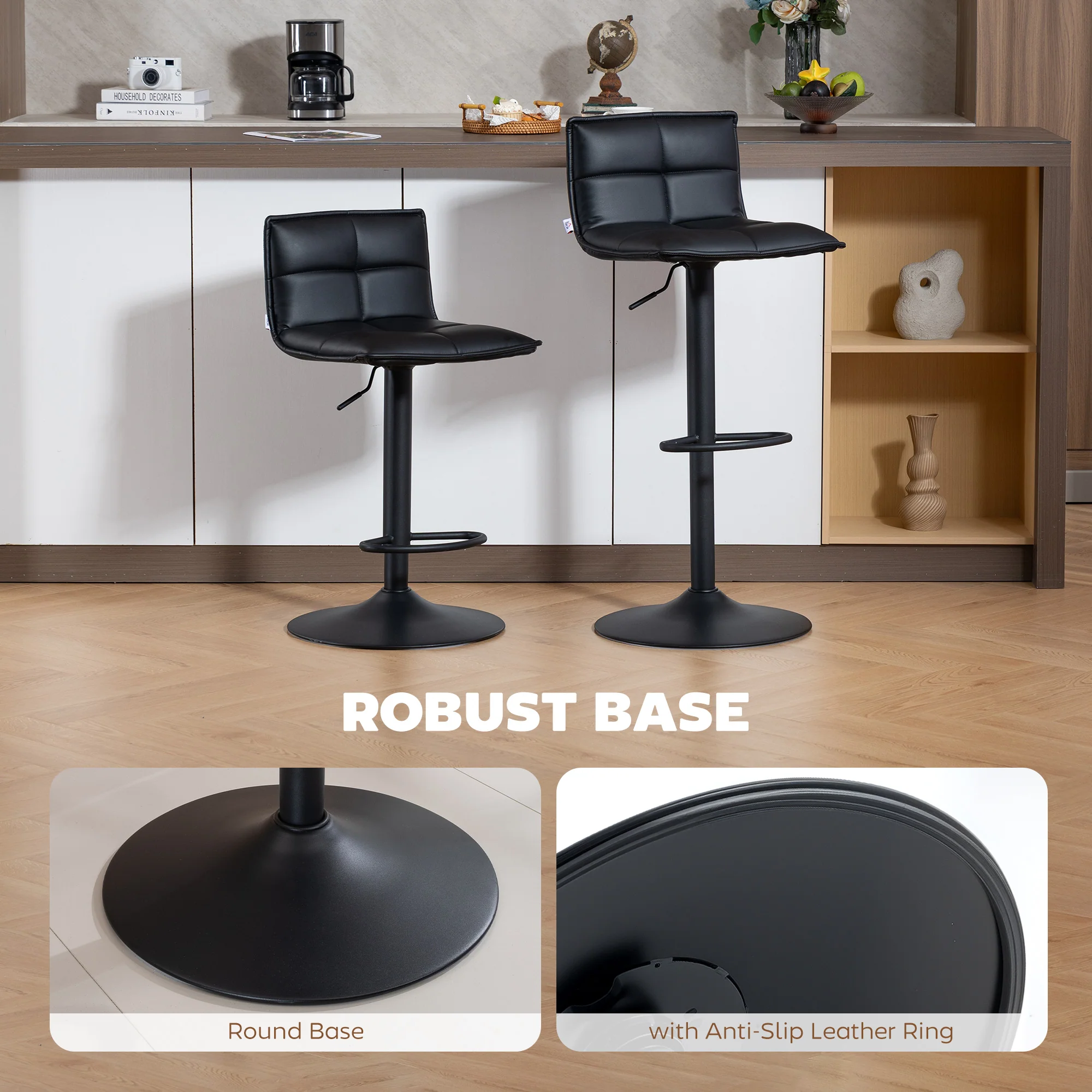 HOMCOM Bar Stools Set Of 2 Swivel Height Adjustable Barstools Black - Image 7