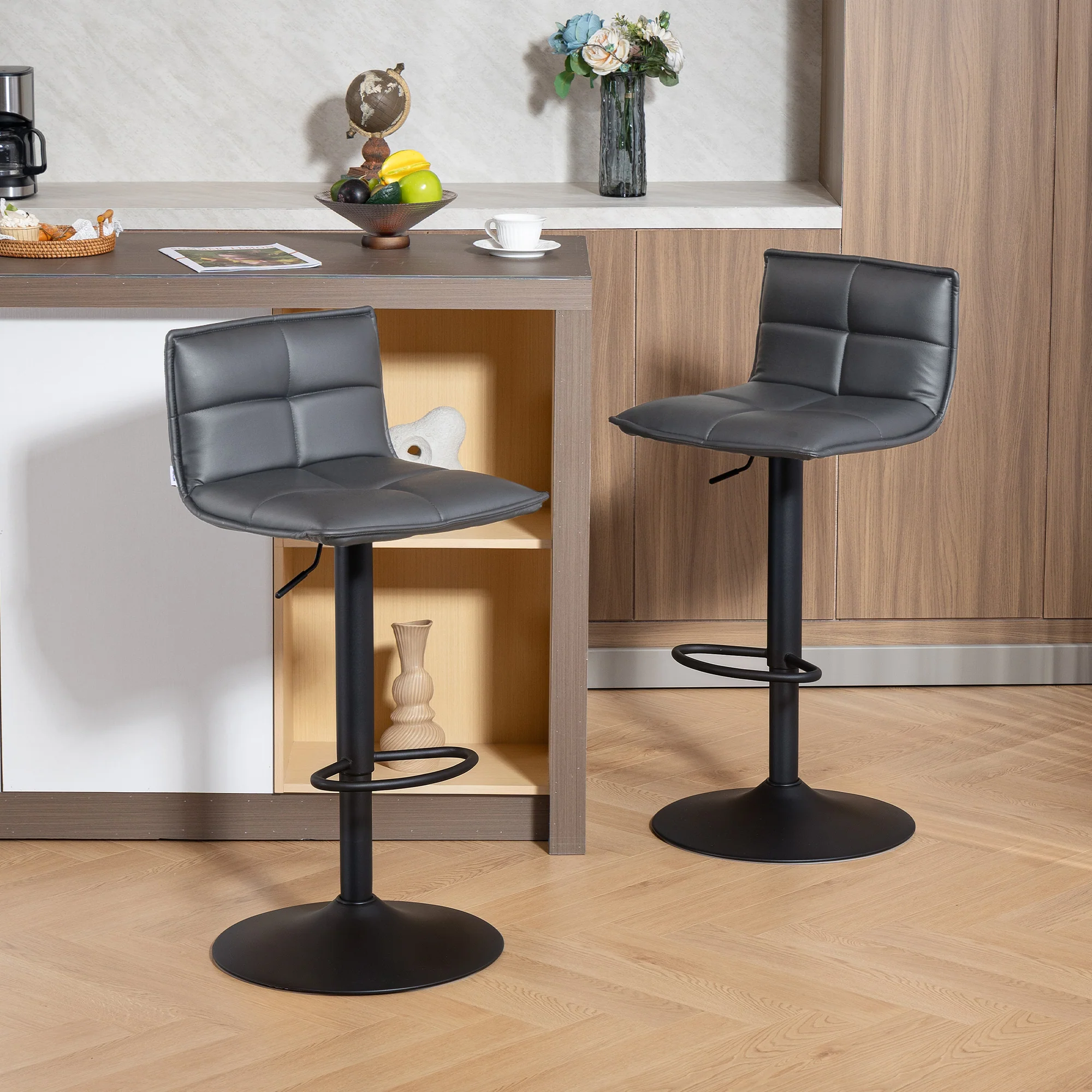 HOMCOM Bar Stools Set Of 2 Swivel Height Adjustable Barstools Dark Grey - Image 2