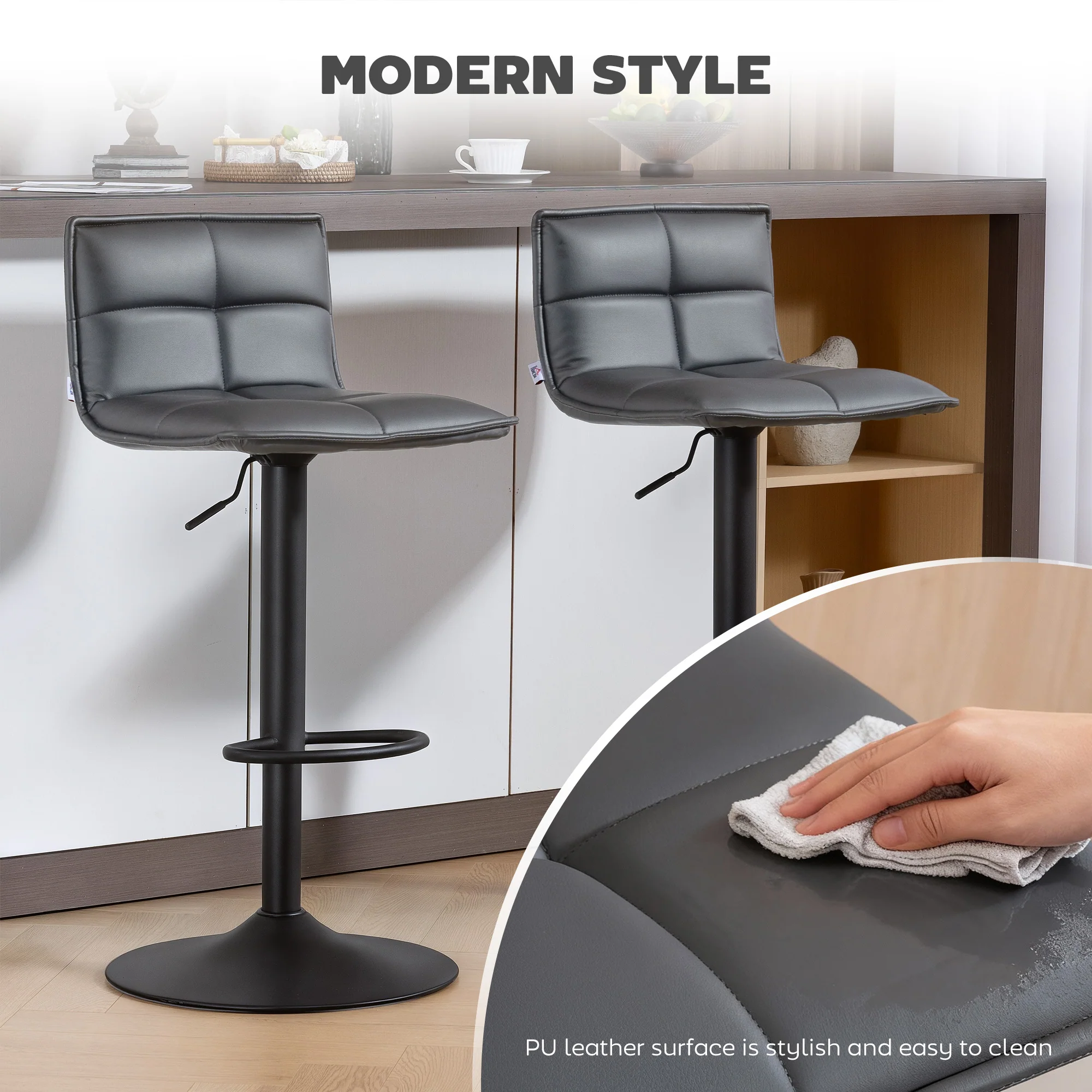 HOMCOM Bar Stools Set Of 2 Swivel Height Adjustable Barstools Dark Grey - Image 3