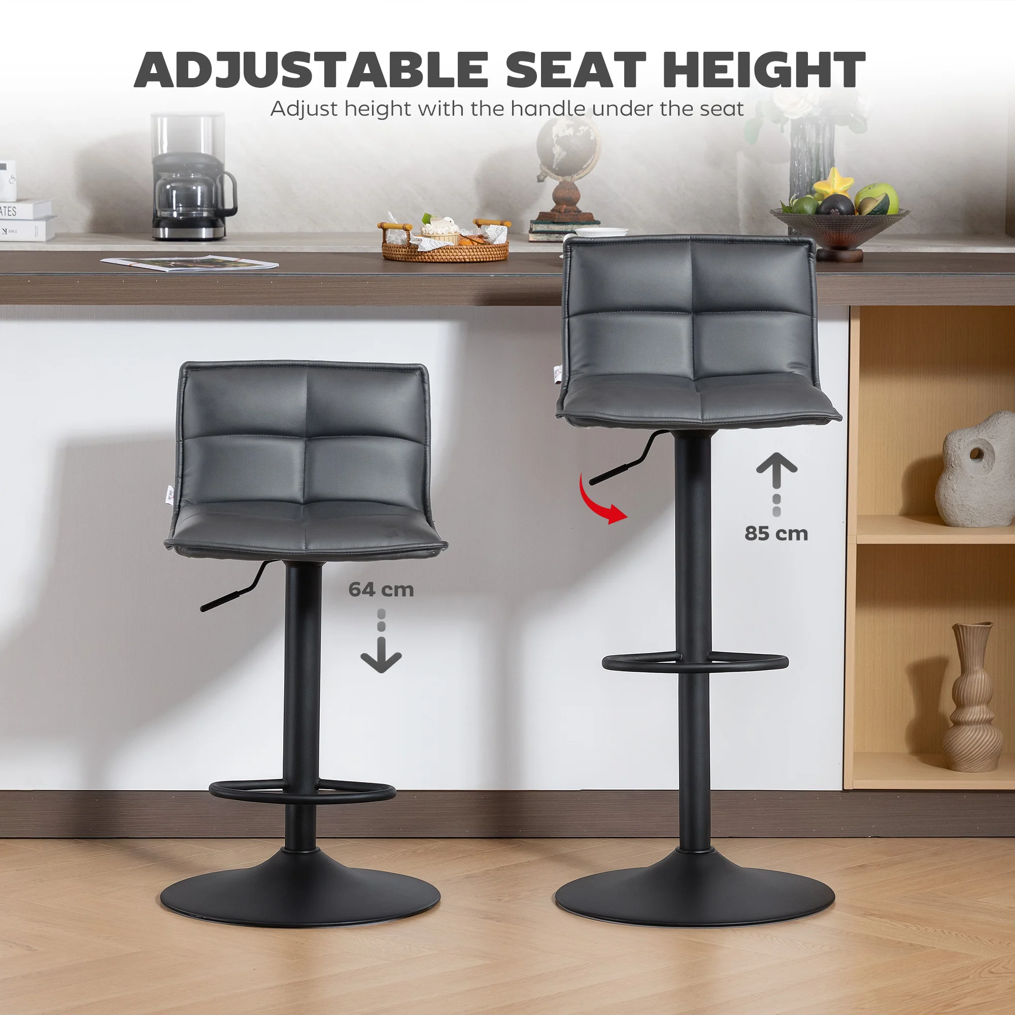 HOMCOM Bar Stools Set Of 2 Swivel Height Adjustable Barstools Dark Grey - Image 4
