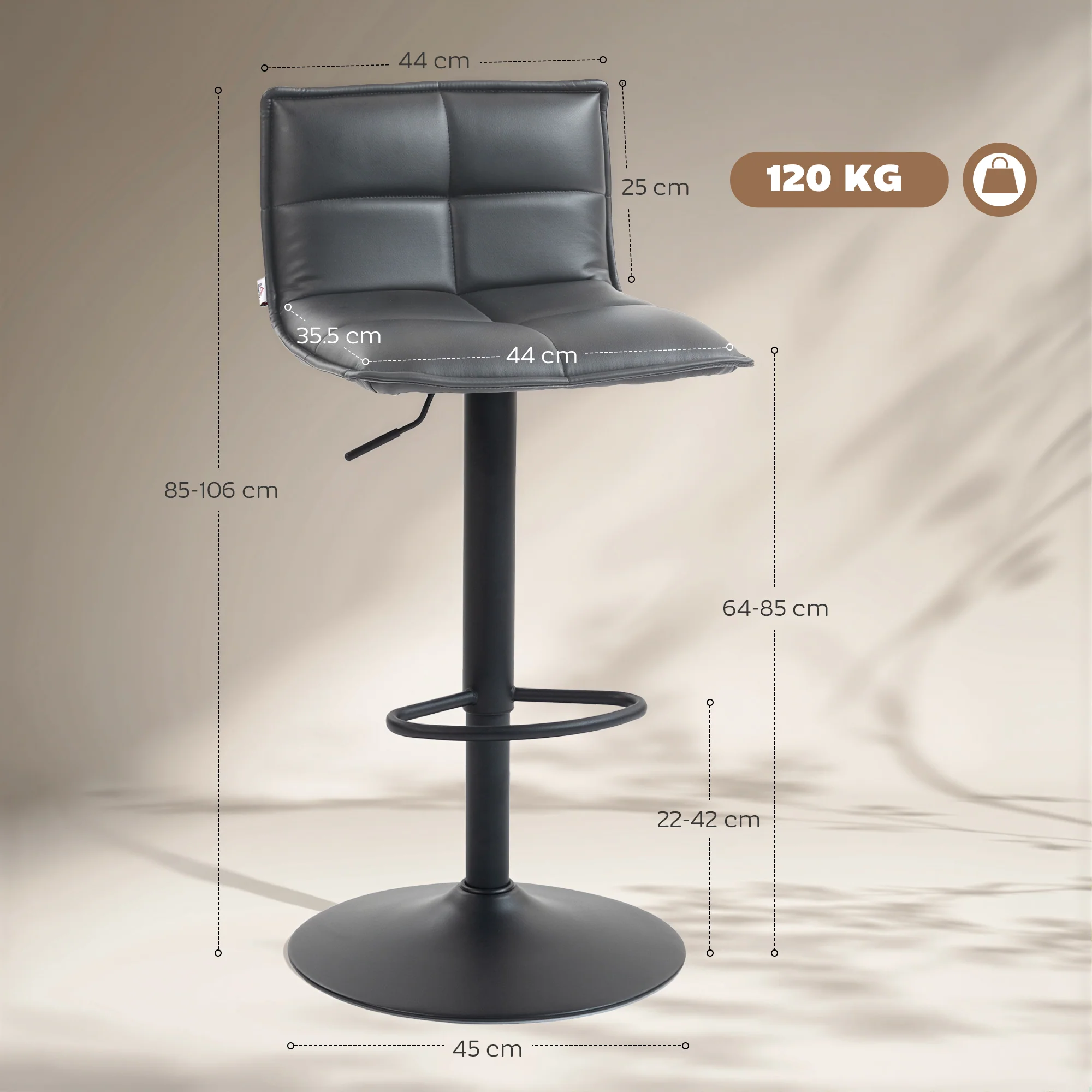 HOMCOM Bar Stools Set Of 2 Swivel Height Adjustable Barstools Dark Grey - Image 5