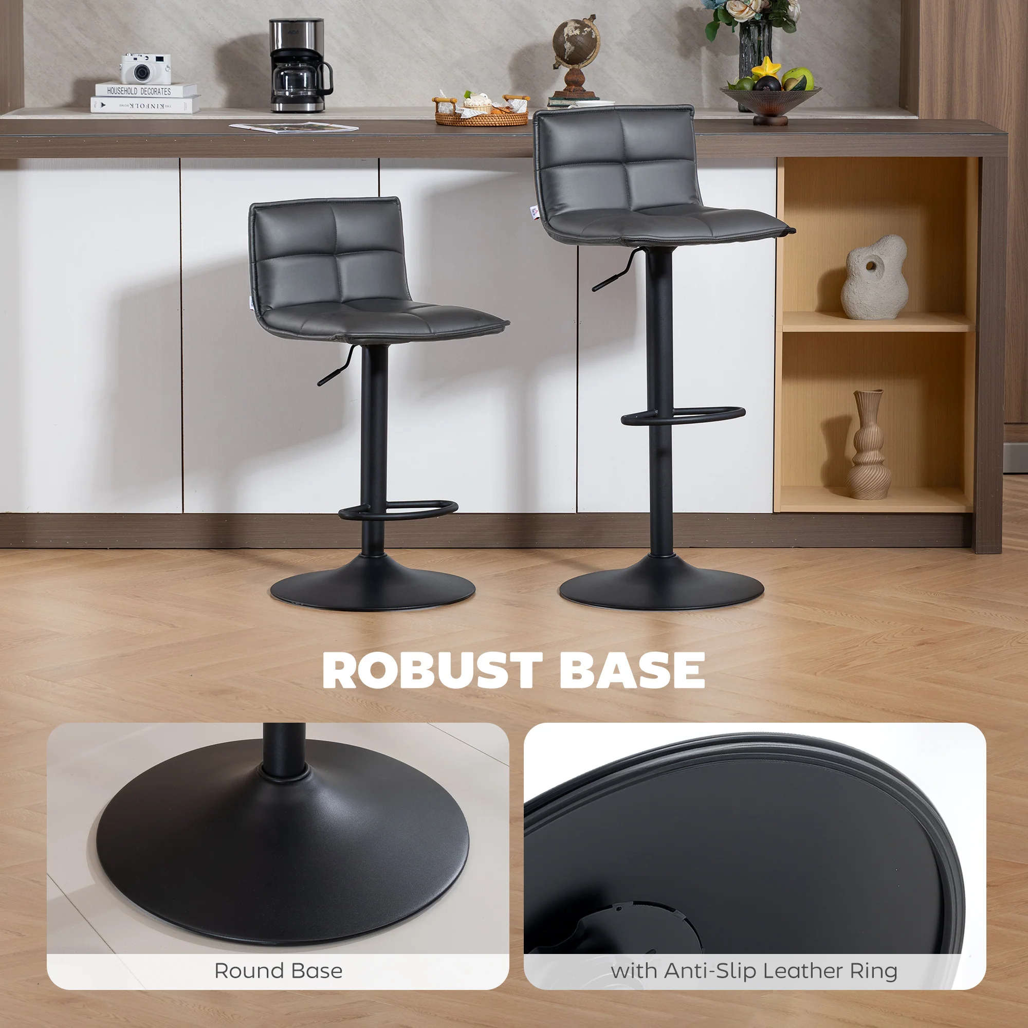 HOMCOM Bar Stools Set Of 2 Swivel Height Adjustable Barstools Dark Grey - Image 7