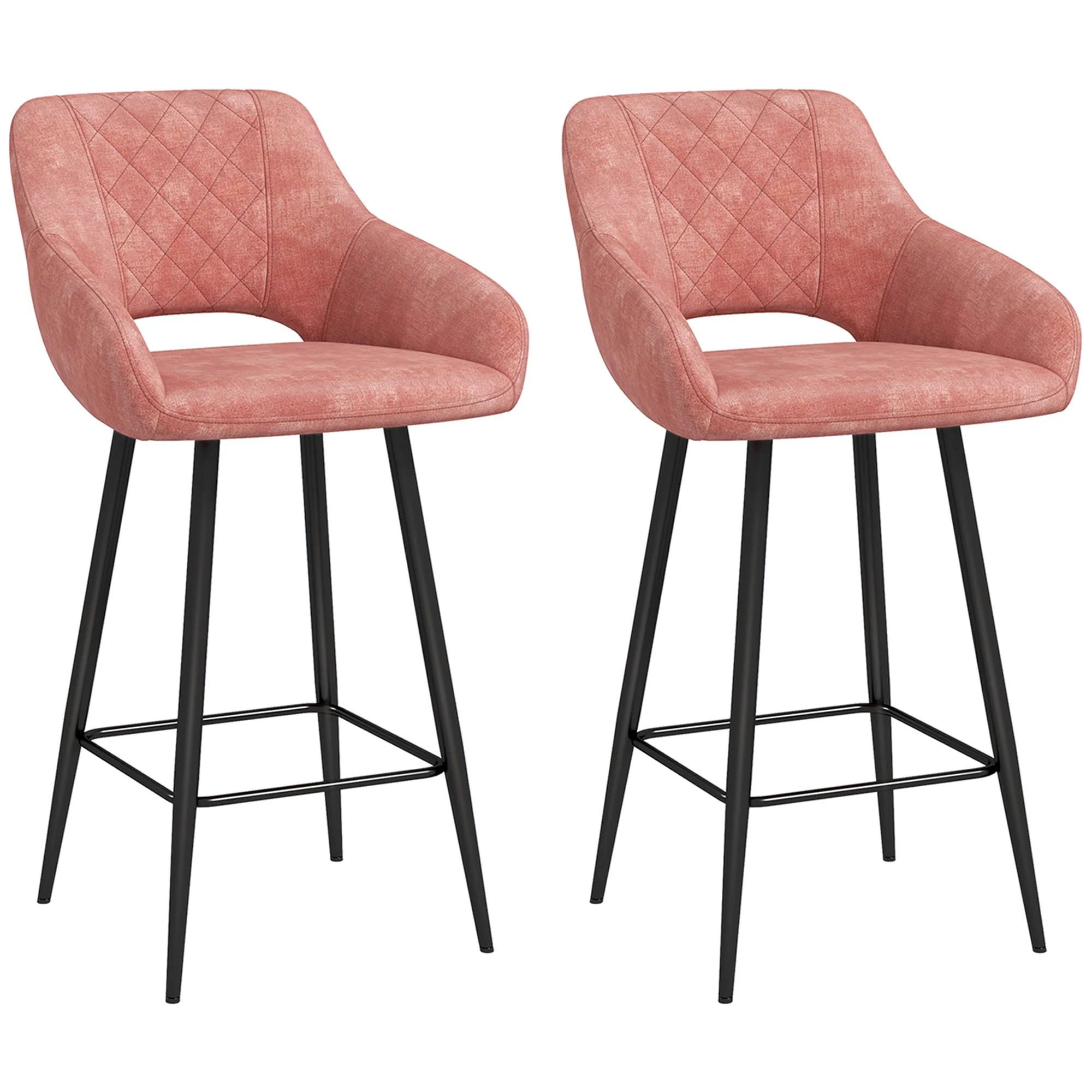 HOMCOM Bar Stools Set Of 2, Velvet-Touch Fabric Counter Height Bar Chairs Pink