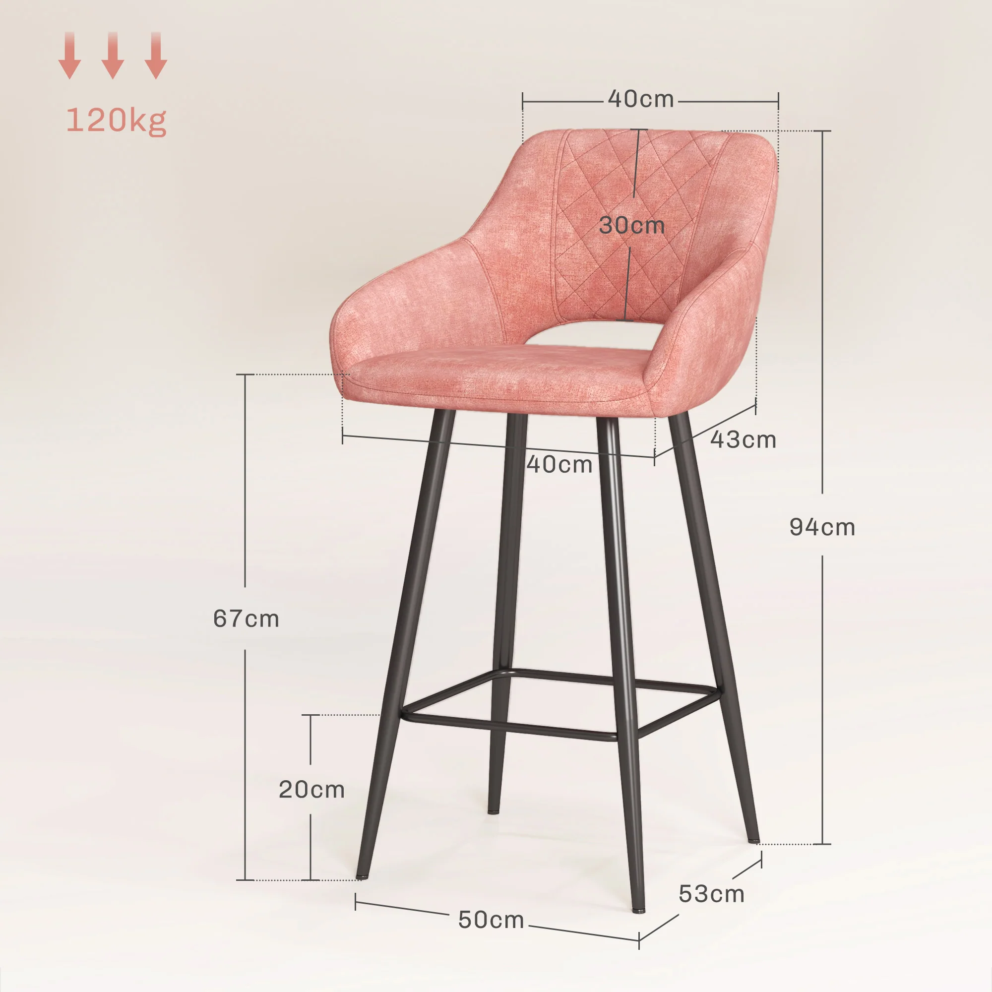 HOMCOM Bar Stools Set Of 2, Velvet-Touch Fabric Counter Height Bar Chairs Pink - Image 5