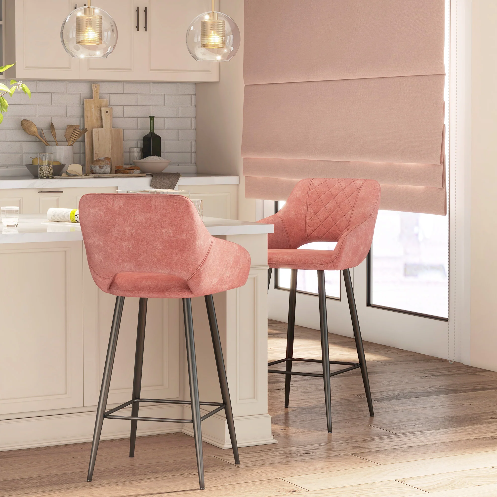 HOMCOM Bar Stools Set Of 2, Velvet-Touch Fabric Counter Height Bar Chairs Pink - Image 8