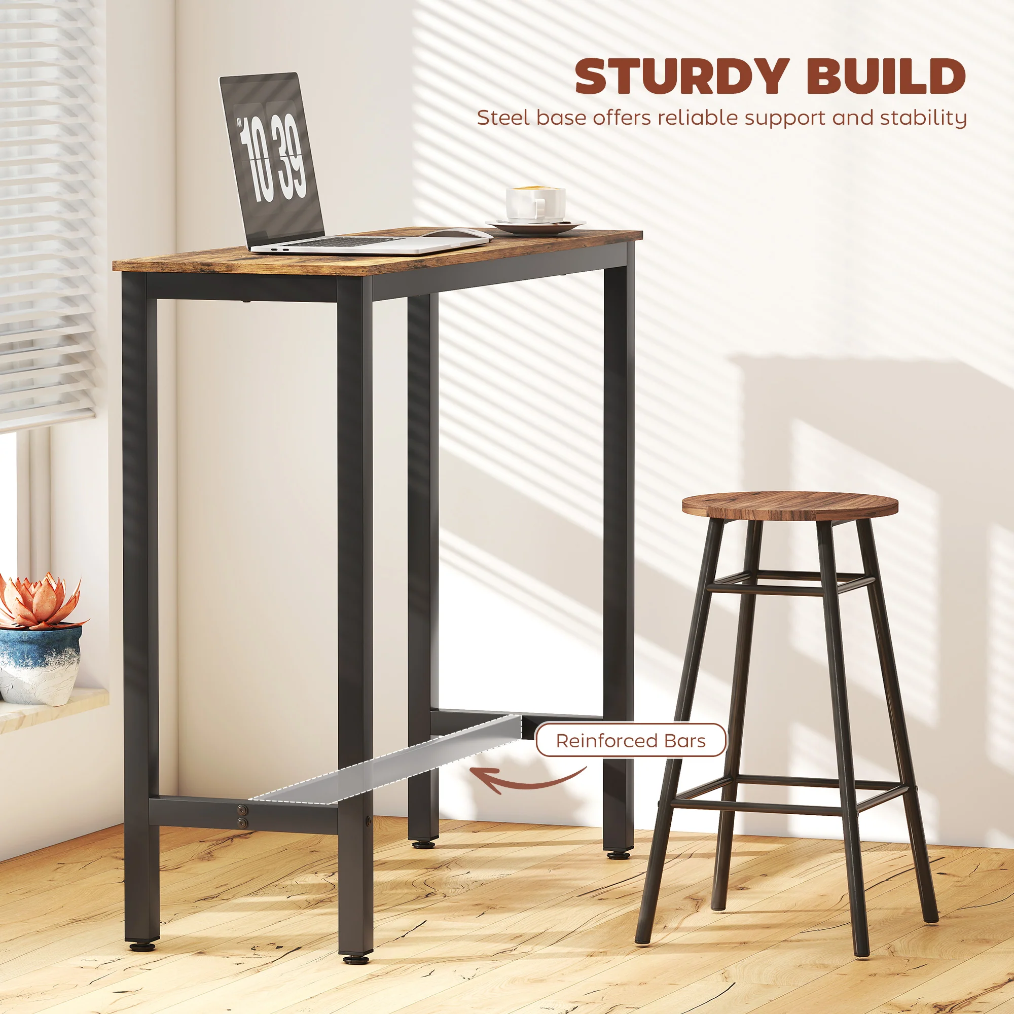 HOMCOM Bar Table Coffee Table With Adjustable Footpads For Breakfast Dining - Image 3