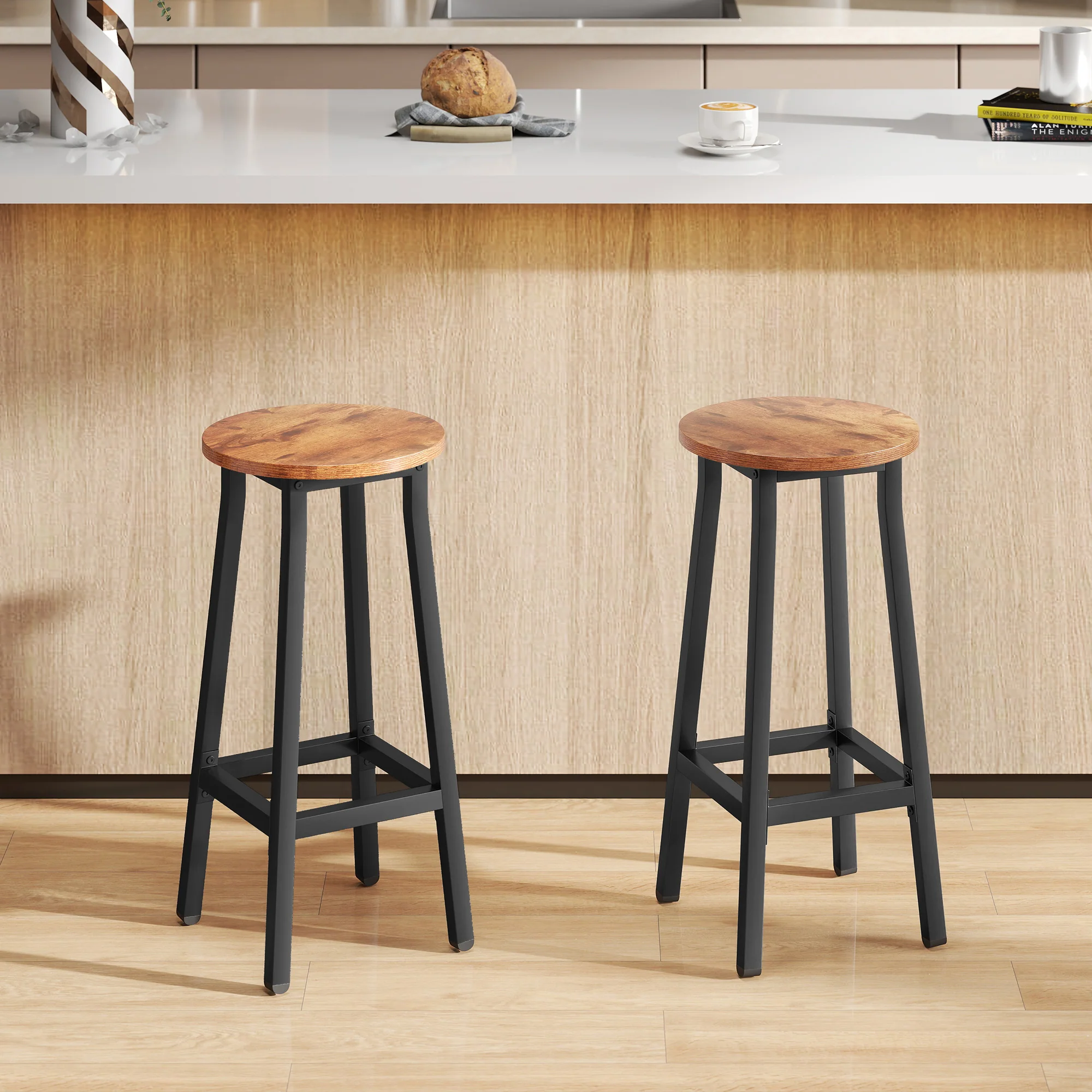 HOMCOM Barstools, Breakfast Bar Stools With Footrest, Rustic Brown - Image 2