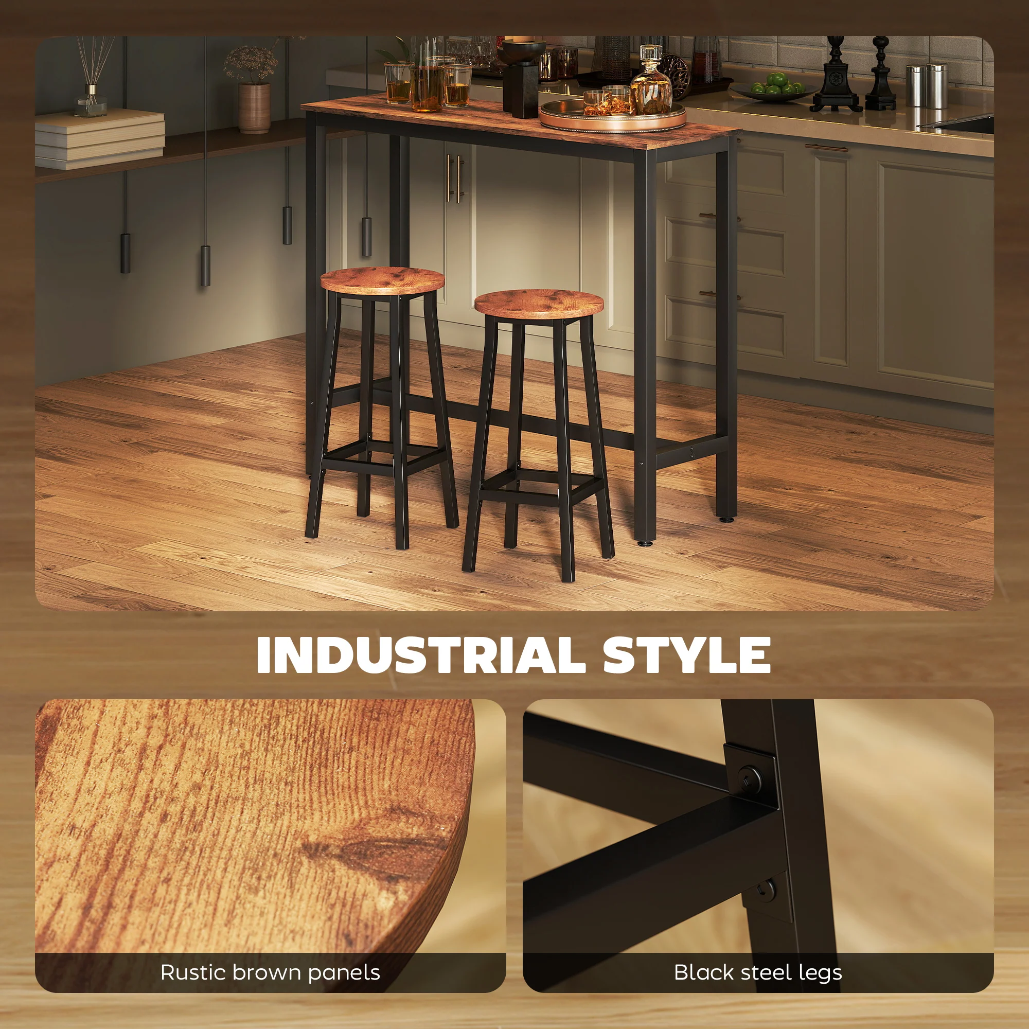 HOMCOM Barstools, Breakfast Bar Stools With Footrest, Rustic Brown - Image 6