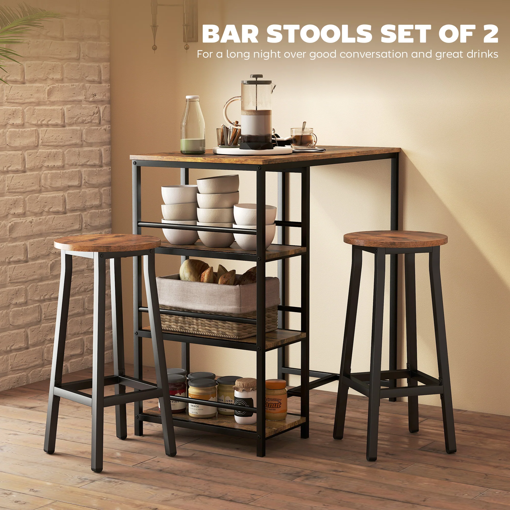 HOMCOM Barstools, Breakfast Bar Stools With Footrest, Rustic Brown - Image 7
