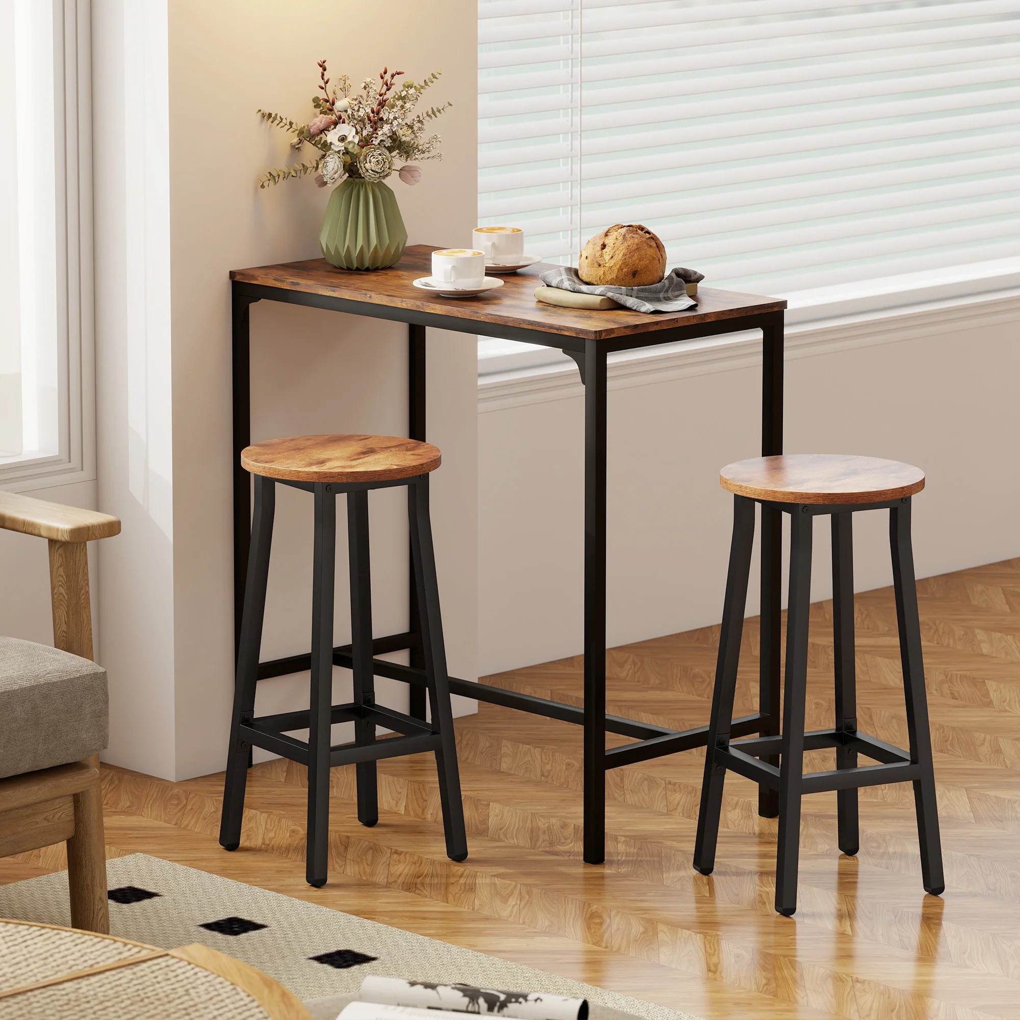 HOMCOM Barstools, Breakfast Bar Stools With Footrest, Rustic Brown - Image 8