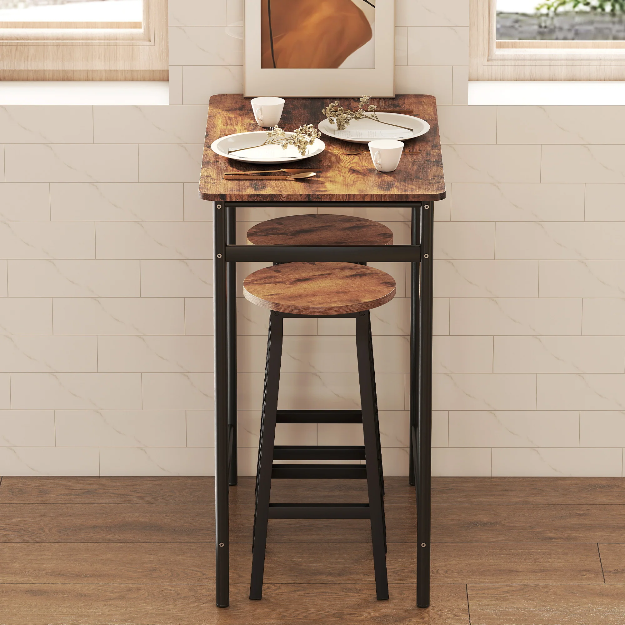 HOMCOM Barstools, Breakfast Bar Stools With Footrest, Rustic Brown - Image 9