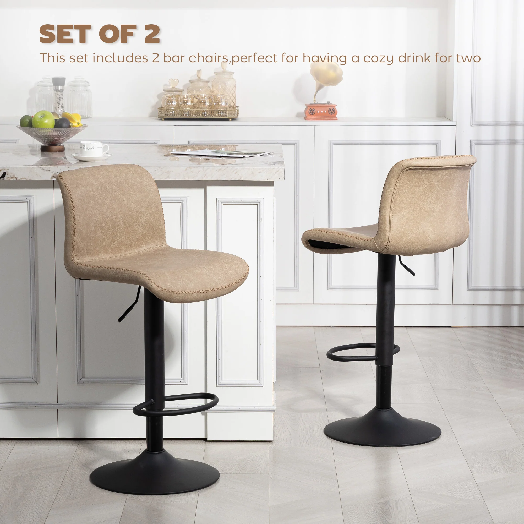 HOMCOM Barstools Set Of 2, Adjustable Dining Stool With Footrest And Backrest - Image 3