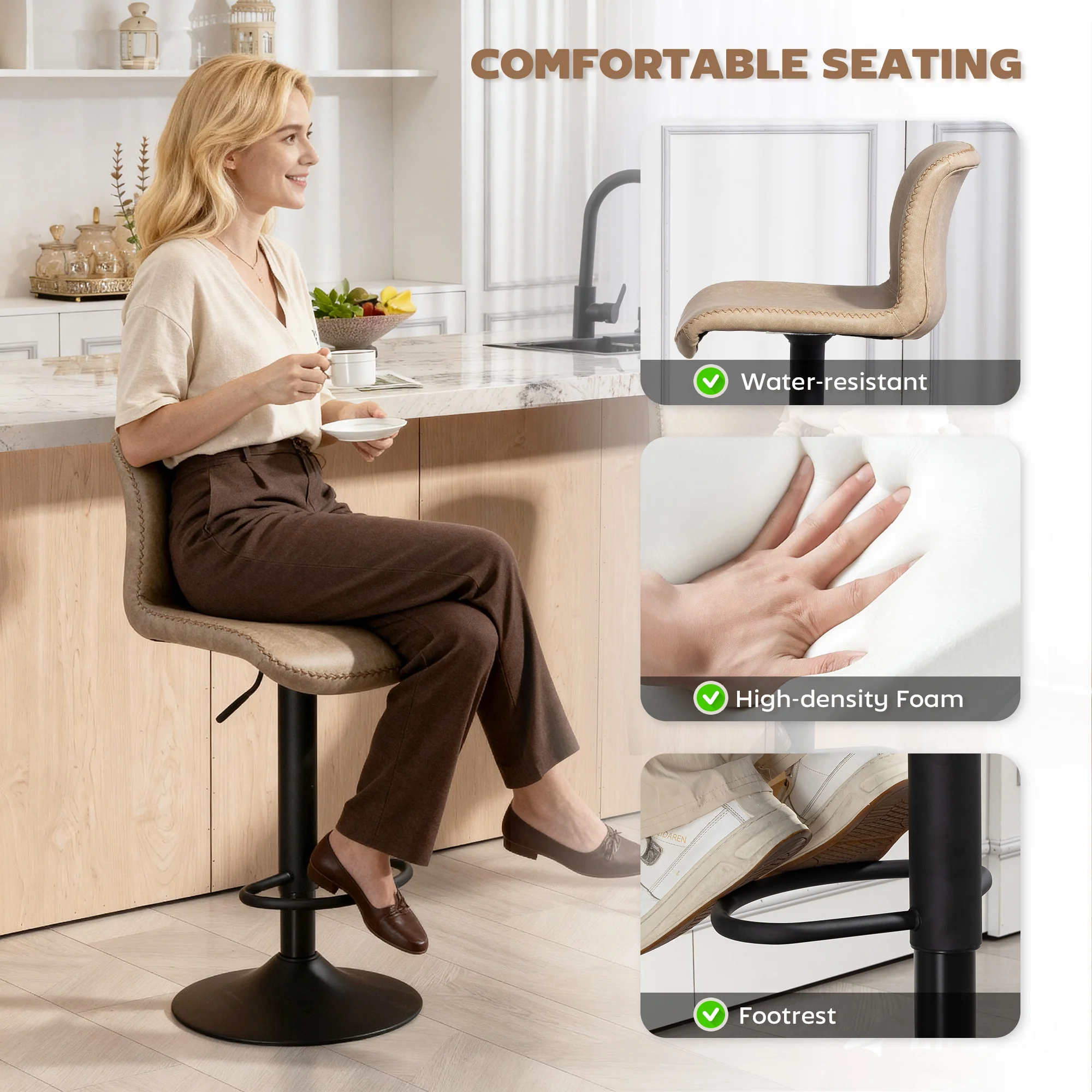 HOMCOM Barstools Set Of 2, Adjustable Dining Stool With Footrest And Backrest - Image 4