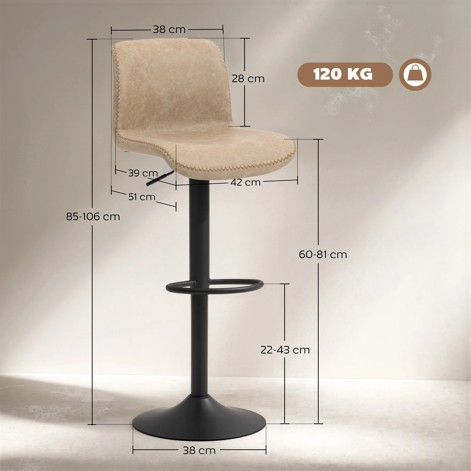 HOMCOM Barstools Set Of 2, Adjustable Dining Stool With Footrest And Backrest - Image 5