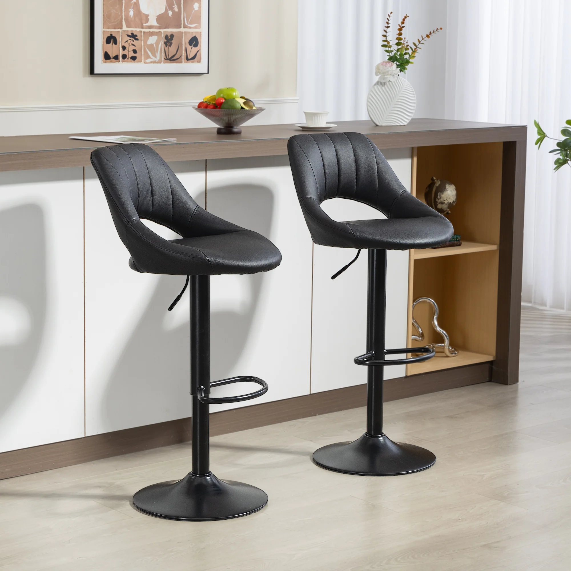 HOMCOM Barstools Set Of 2, Dining Stools With Backrest And Footrest, Black - Image 2