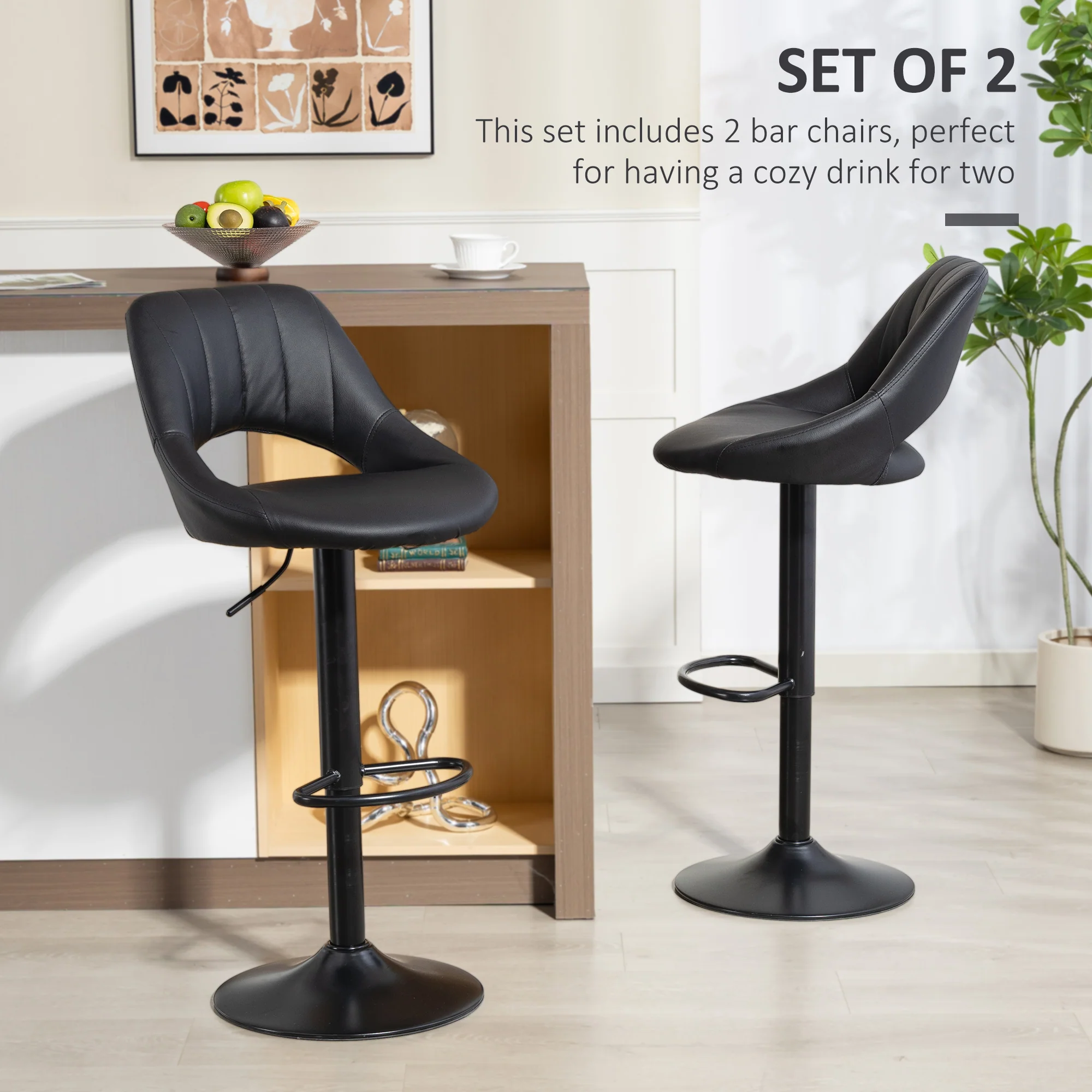 HOMCOM Barstools Set Of 2, Dining Stools With Backrest And Footrest, Black - Image 3