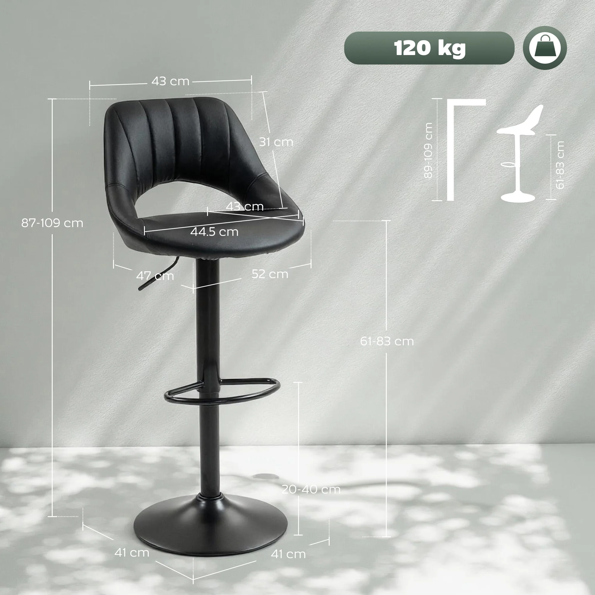 HOMCOM Barstools Set Of 2, Dining Stools With Backrest And Footrest, Black - Image 5