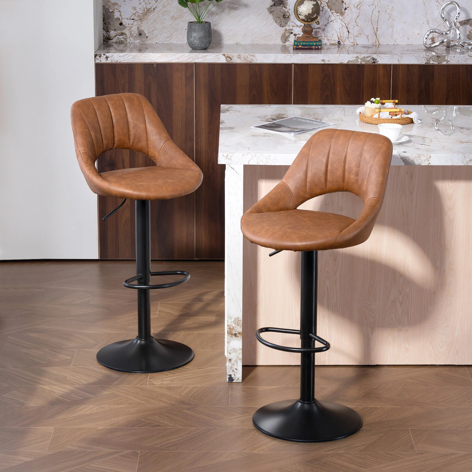 HOMCOM Barstools Set Of 2, Dining Stools With Backrest And Footrest, Brown - Image 2