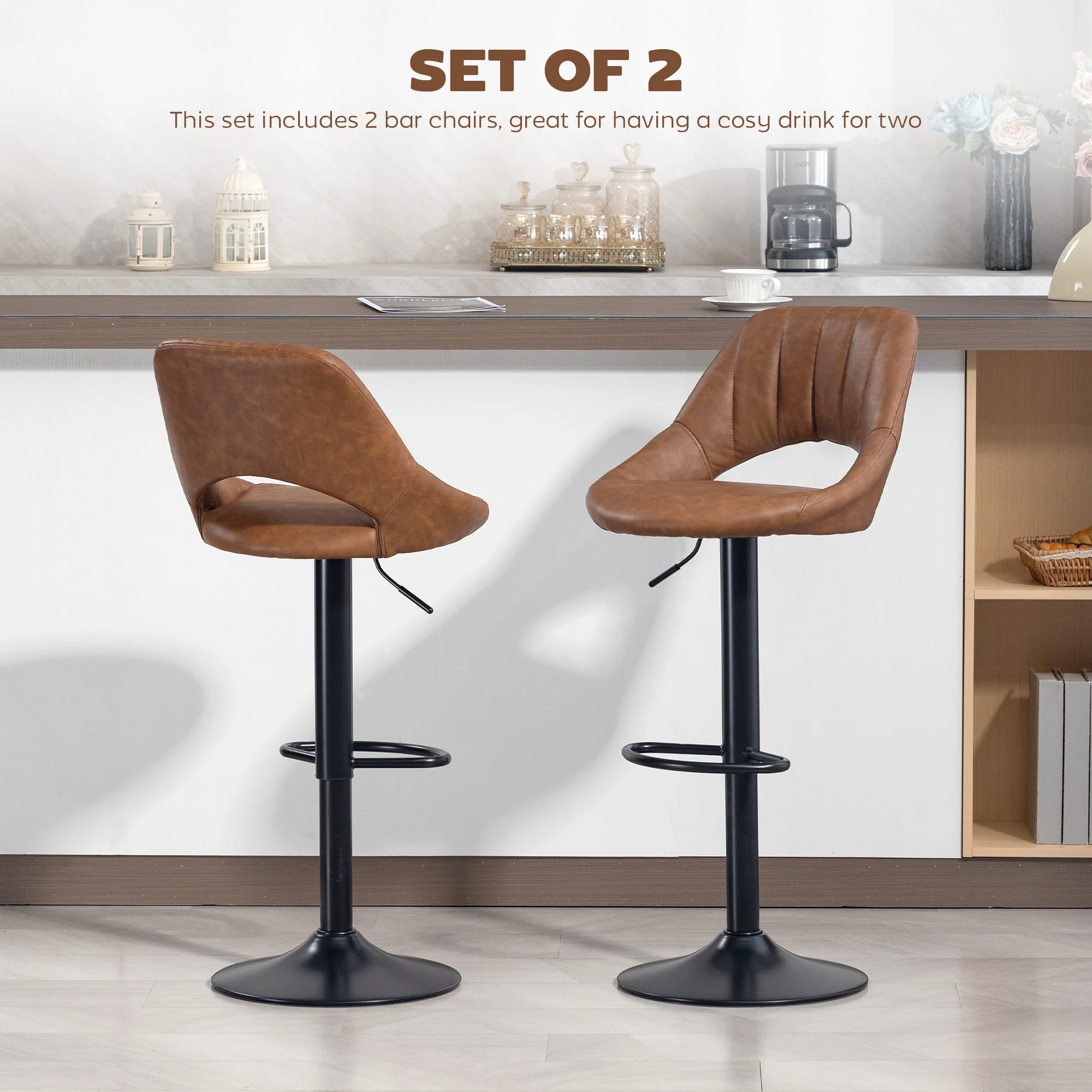 HOMCOM Barstools Set Of 2, Dining Stools With Backrest And Footrest, Brown - Image 3