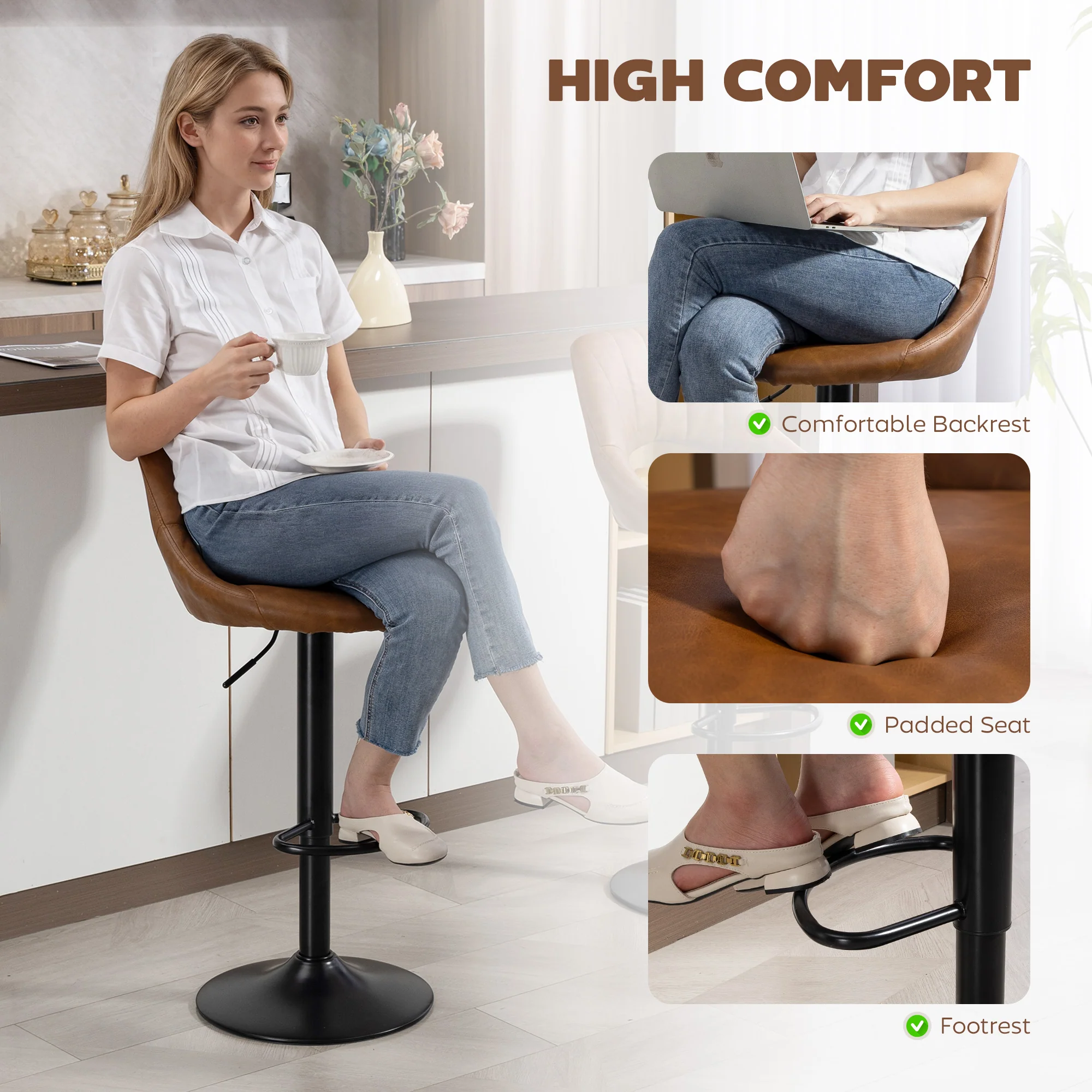 HOMCOM Barstools Set Of 2, Dining Stools With Backrest And Footrest, Brown - Image 4