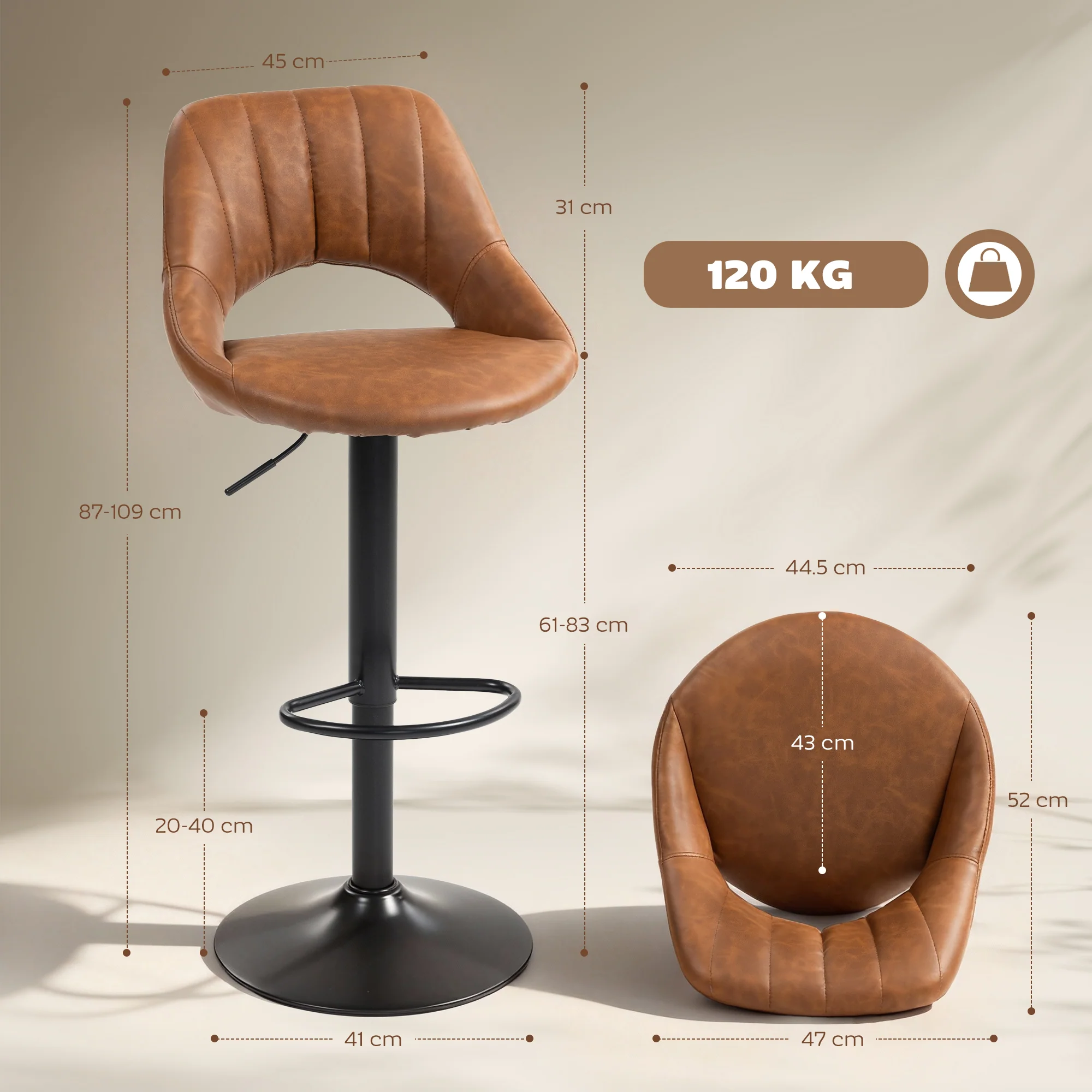HOMCOM Barstools Set Of 2, Dining Stools With Backrest And Footrest, Brown - Image 5