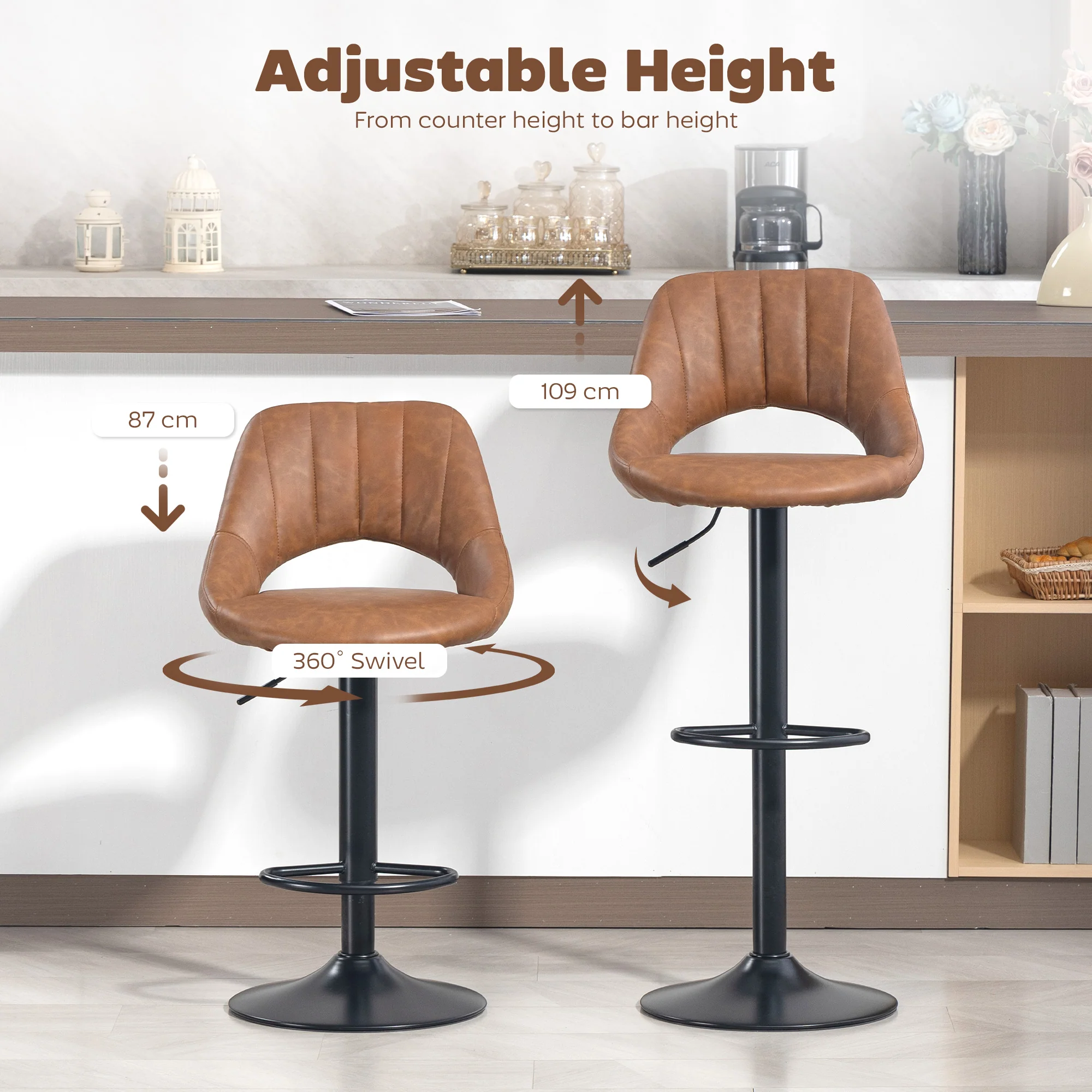 HOMCOM Barstools Set Of 2, Dining Stools With Backrest And Footrest, Brown - Image 6