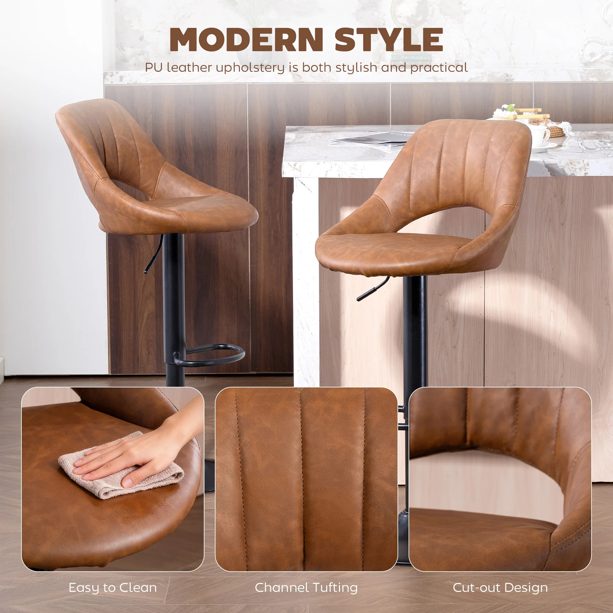 HOMCOM Barstools Set Of 2, Dining Stools With Backrest And Footrest, Brown - Image 7