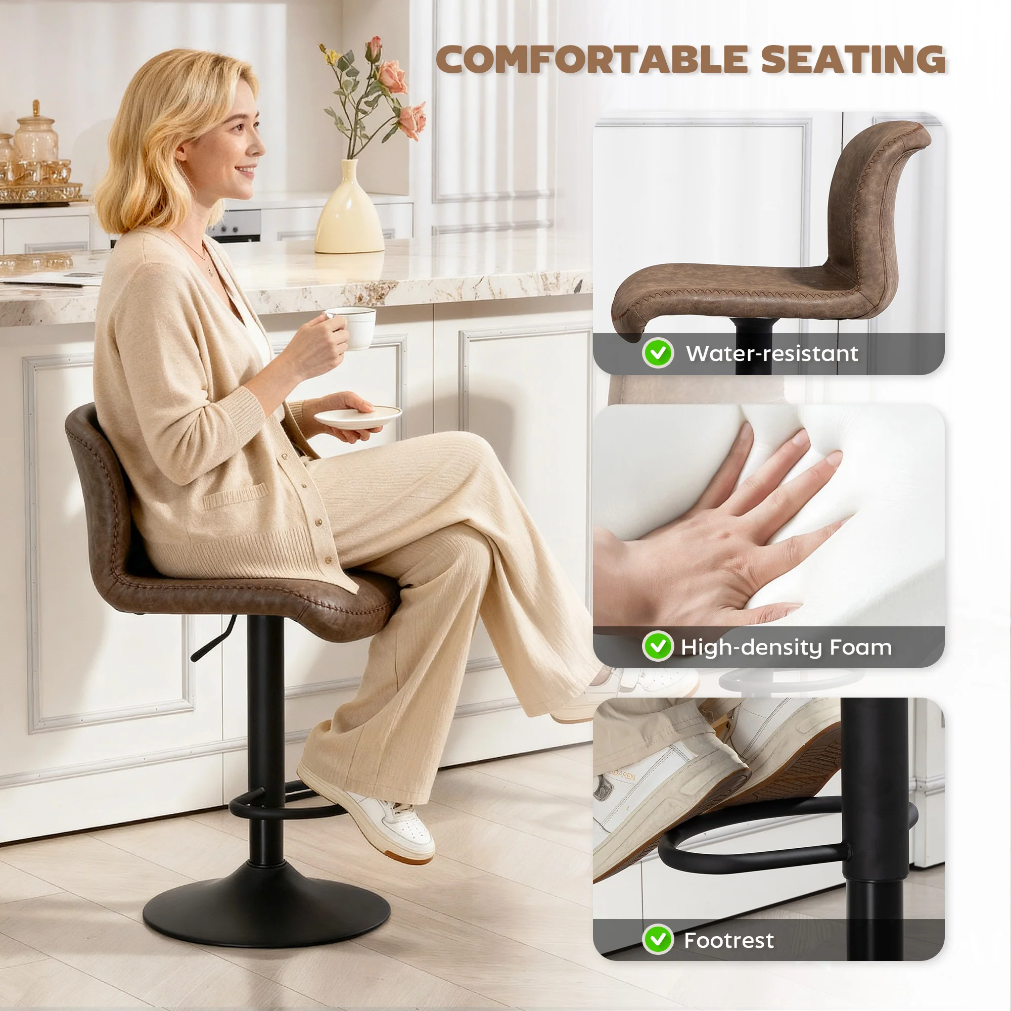 HOMCOM Barstools Set Of 2, Dining Stools With Backrest And Footrest, Brown - Image 4