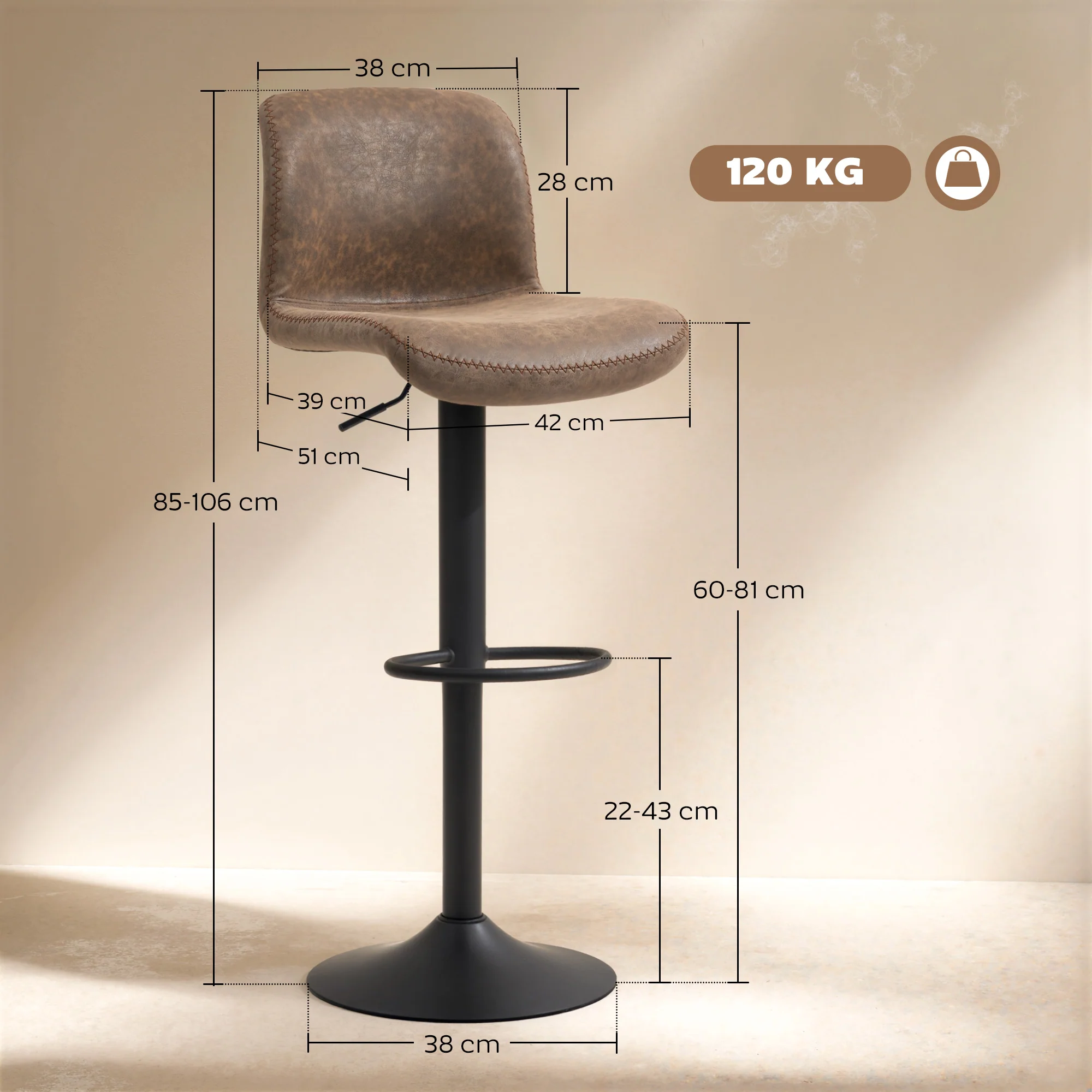 HOMCOM Barstools Set Of 2, Dining Stools With Backrest And Footrest, Brown - Image 5