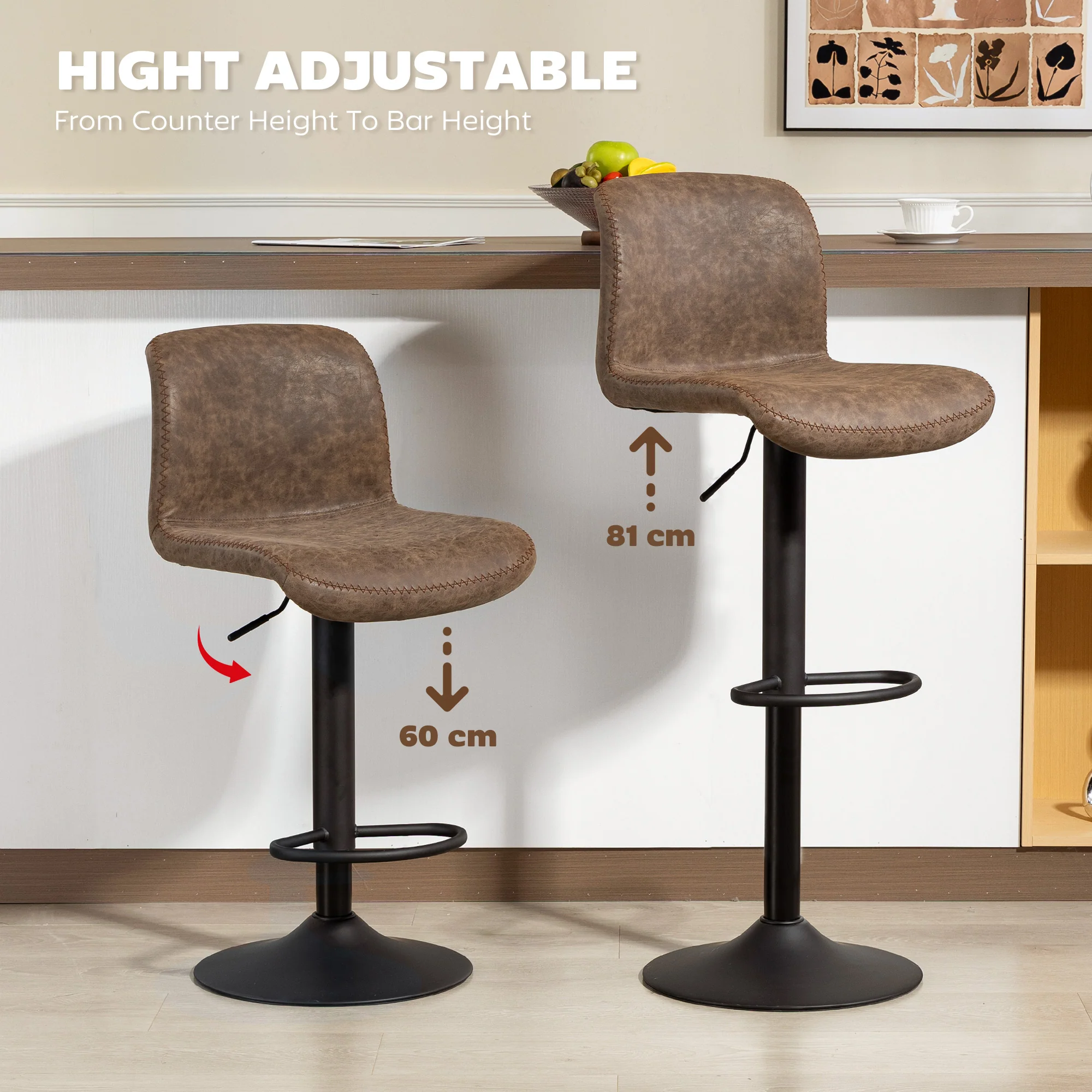 HOMCOM Barstools Set Of 2, Dining Stools With Backrest And Footrest, Brown - Image 6
