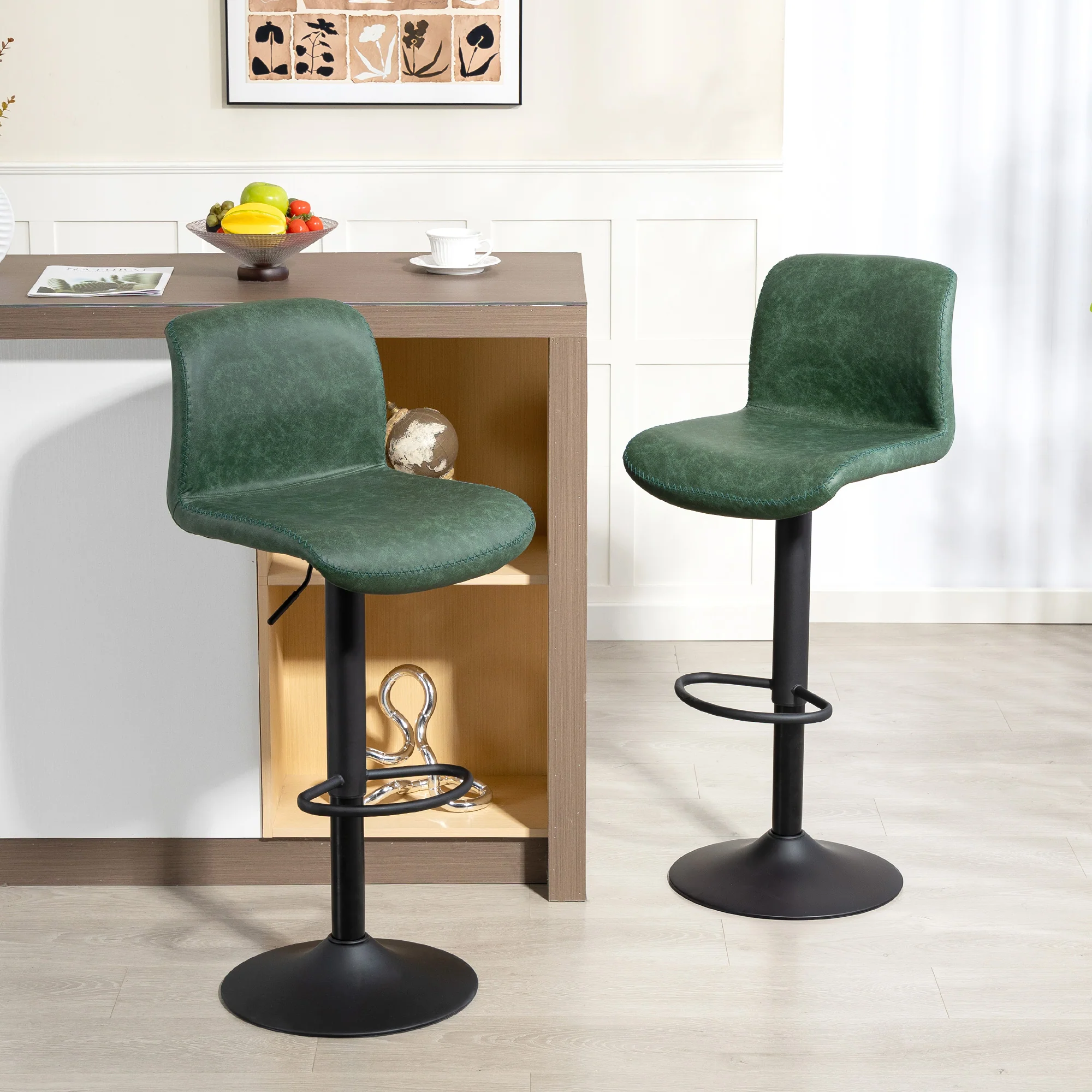 HOMCOM Barstools Set Of 2, Dining Stools With Backrest And Footrest, Green - Image 2