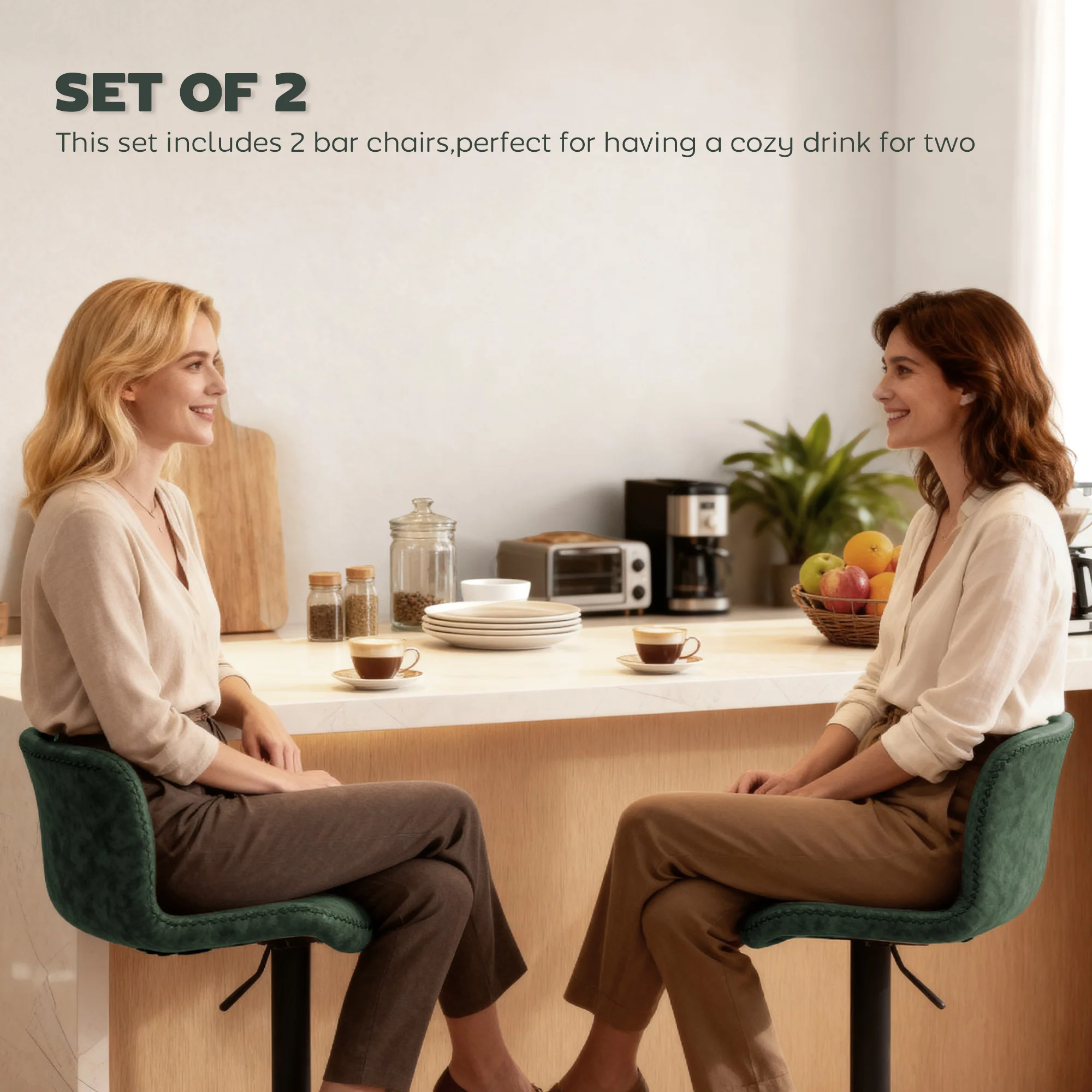 HOMCOM Barstools Set Of 2, Dining Stools With Backrest And Footrest, Green - Image 3