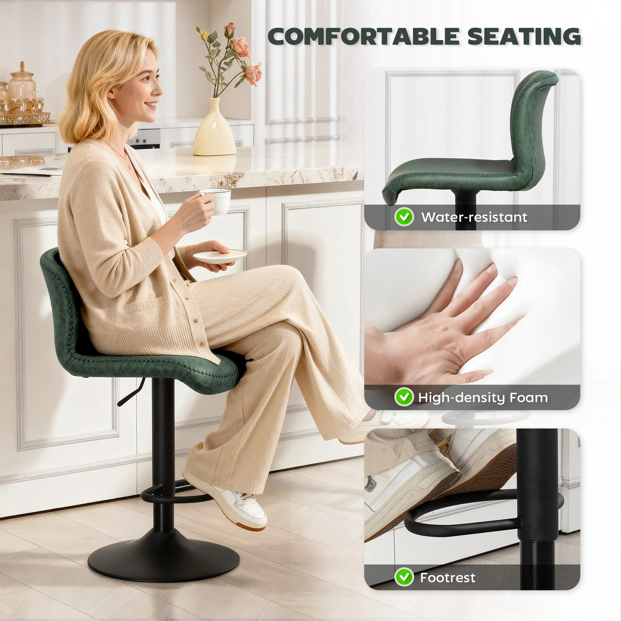 HOMCOM Barstools Set Of 2, Dining Stools With Backrest And Footrest, Green - Image 4