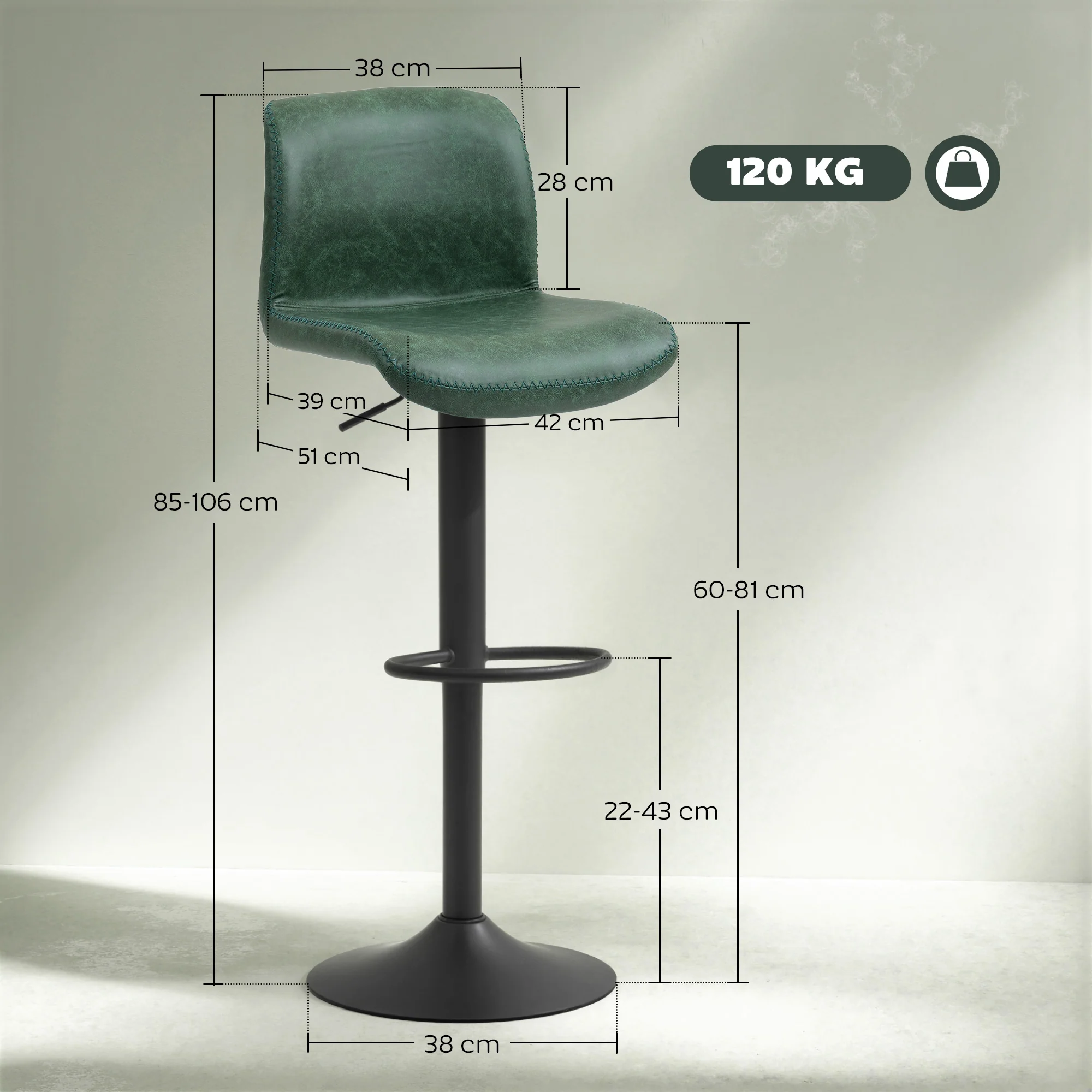 HOMCOM Barstools Set Of 2, Dining Stools With Backrest And Footrest, Green - Image 5