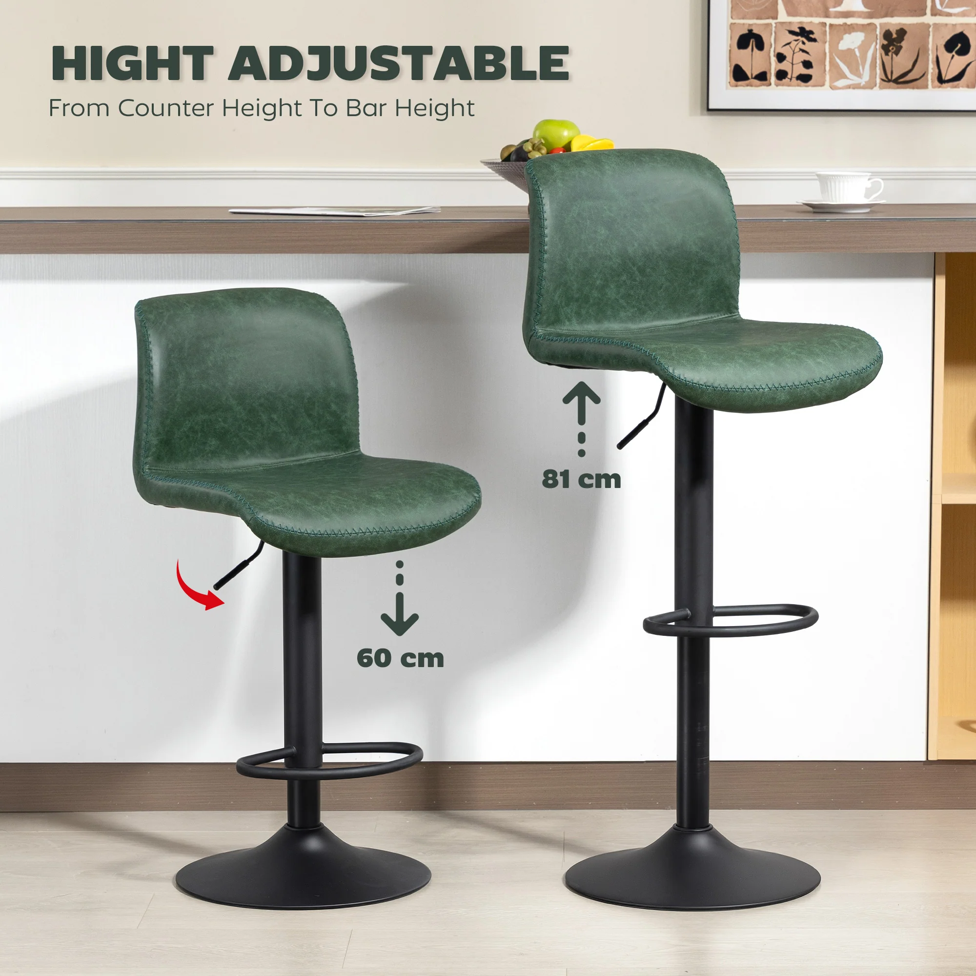 HOMCOM Barstools Set Of 2, Dining Stools With Backrest And Footrest, Green - Image 6