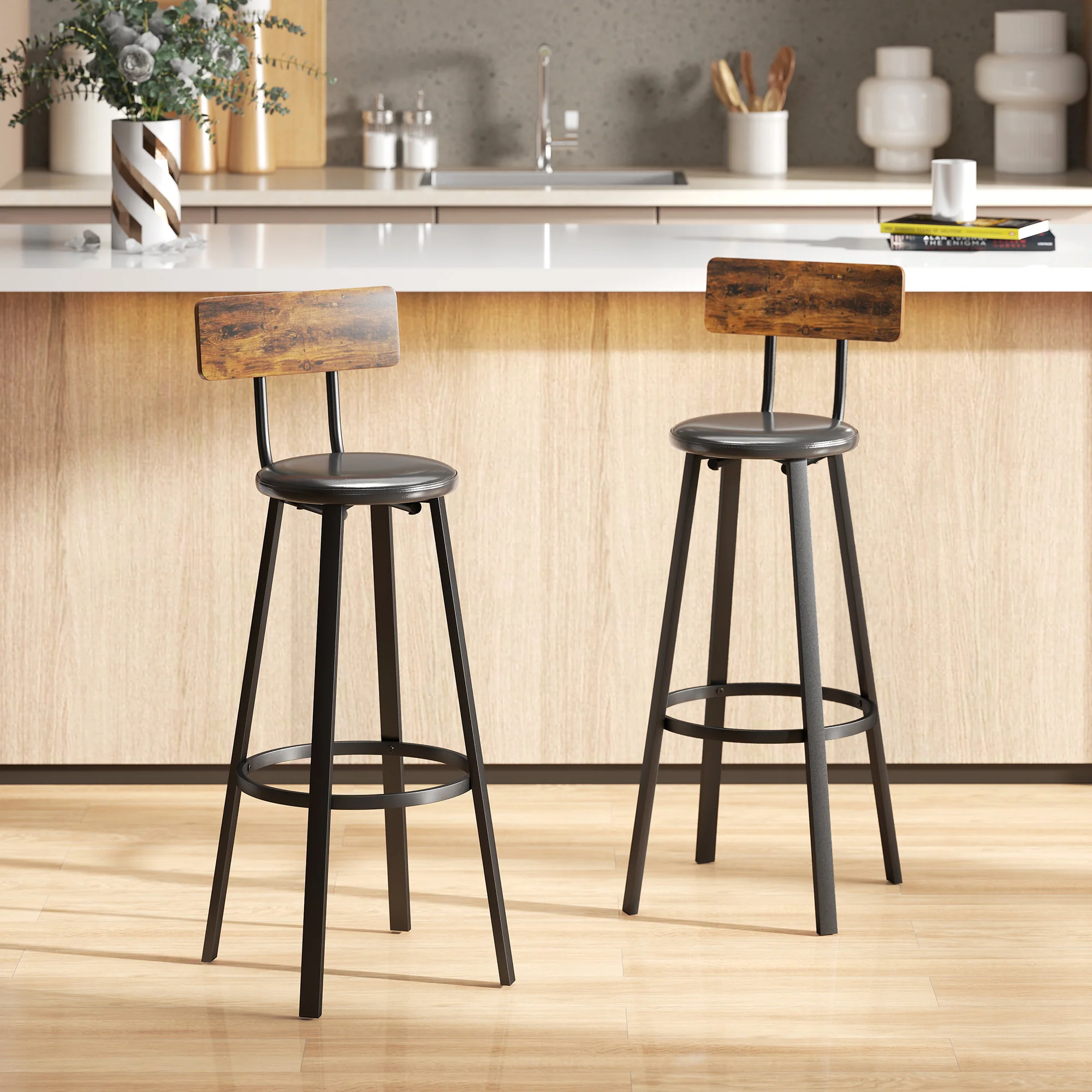 HOMCOM Barstools Set Of 2 With Padded Seat Backrest Rustic Brown Black - Image 2