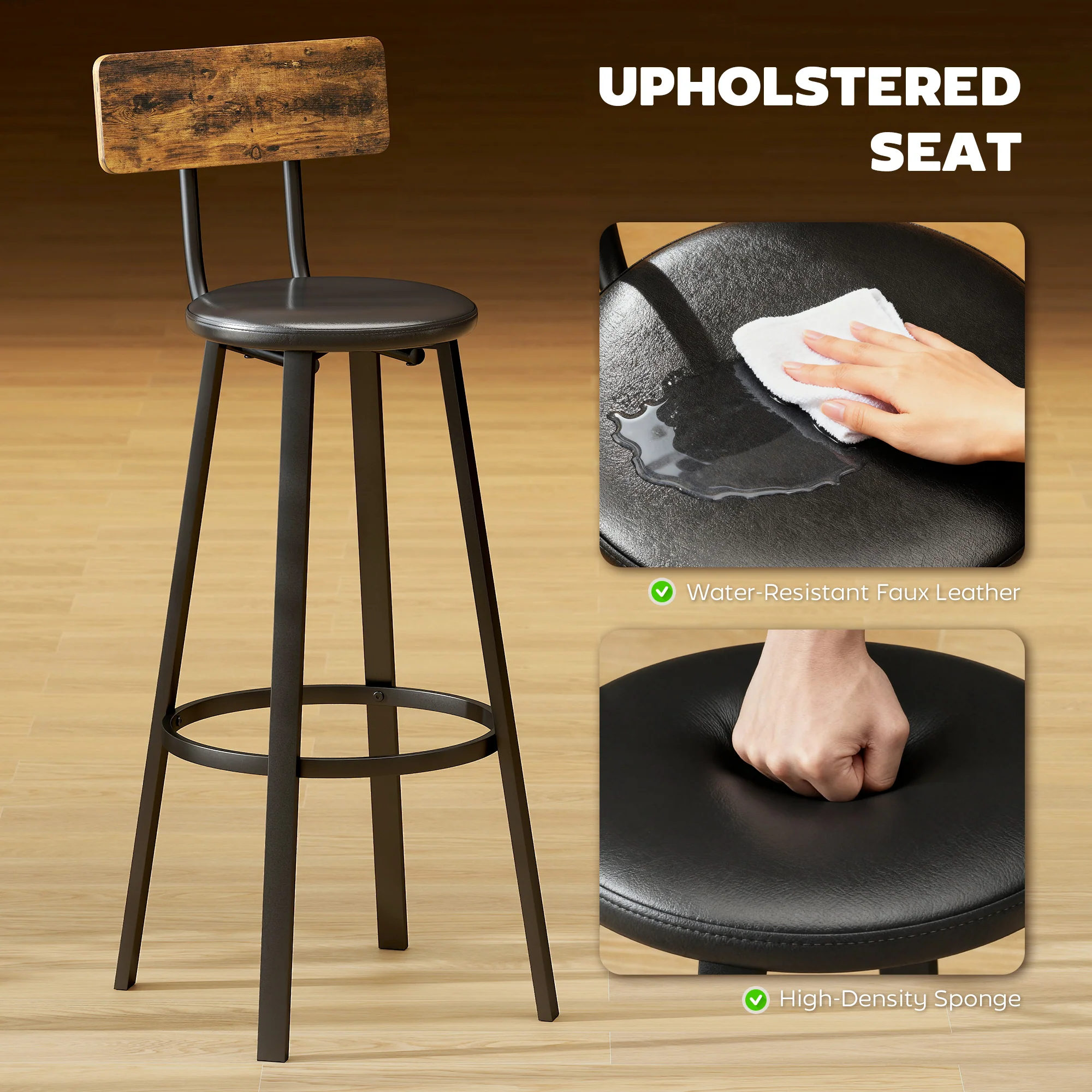 HOMCOM Barstools Set Of 2 With Padded Seat Backrest Rustic Brown Black - Image 3