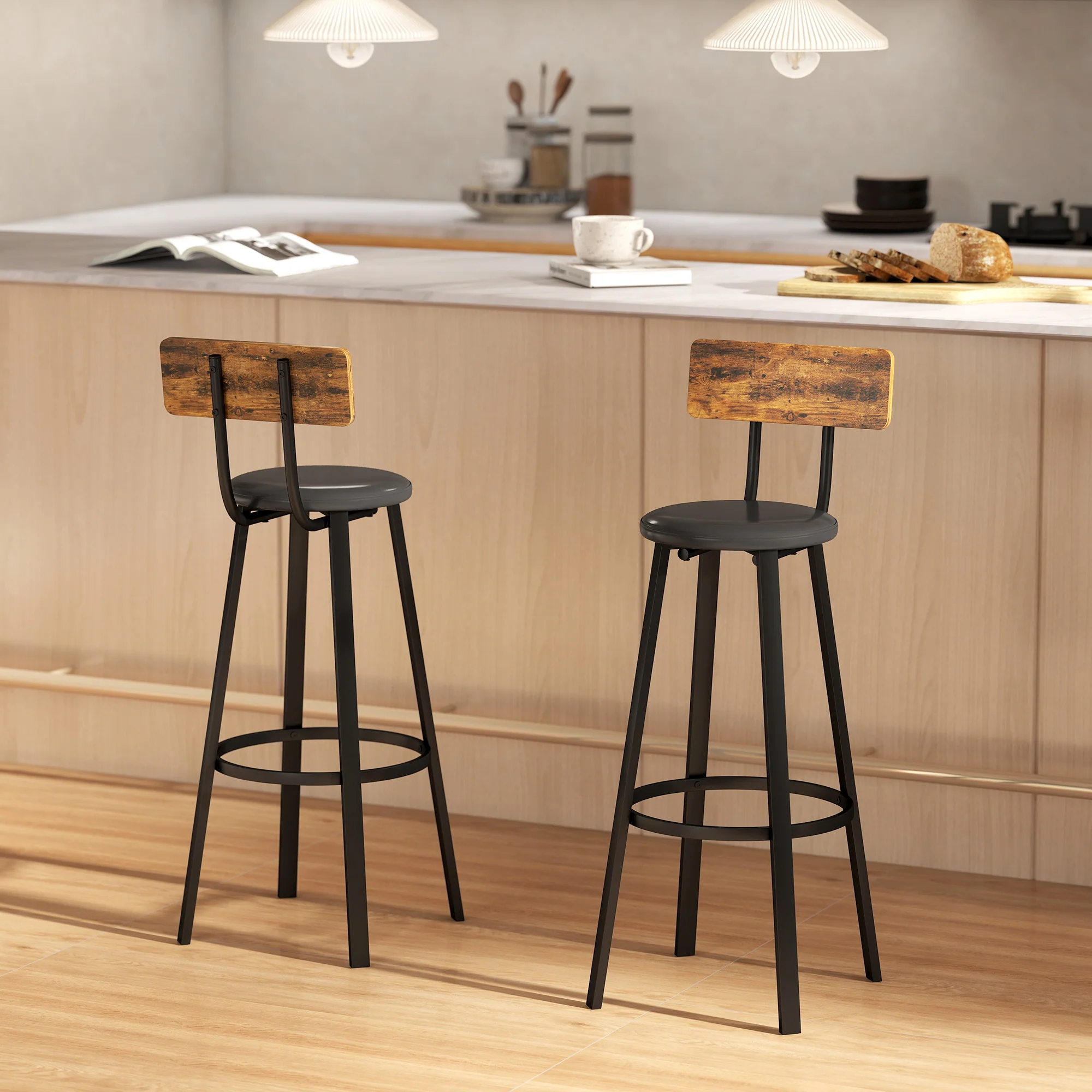 HOMCOM Barstools Set Of 2 With Padded Seat Backrest Rustic Brown Black - Image 9