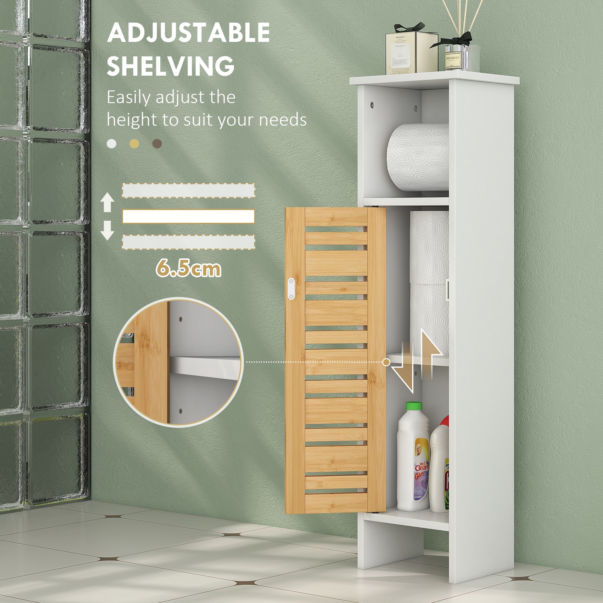 HOMCOM Bathroom Cabinet, Slim Bathroom Unit with Adjustable Shelf, White - Image 4