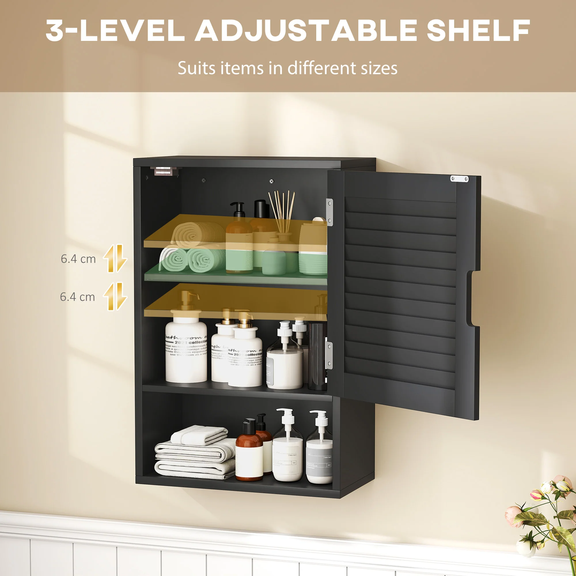 HOMCOM Bathroom Cabinet, Wall Mounted Cabinet with Adjustable Shelves, Black - Image 5