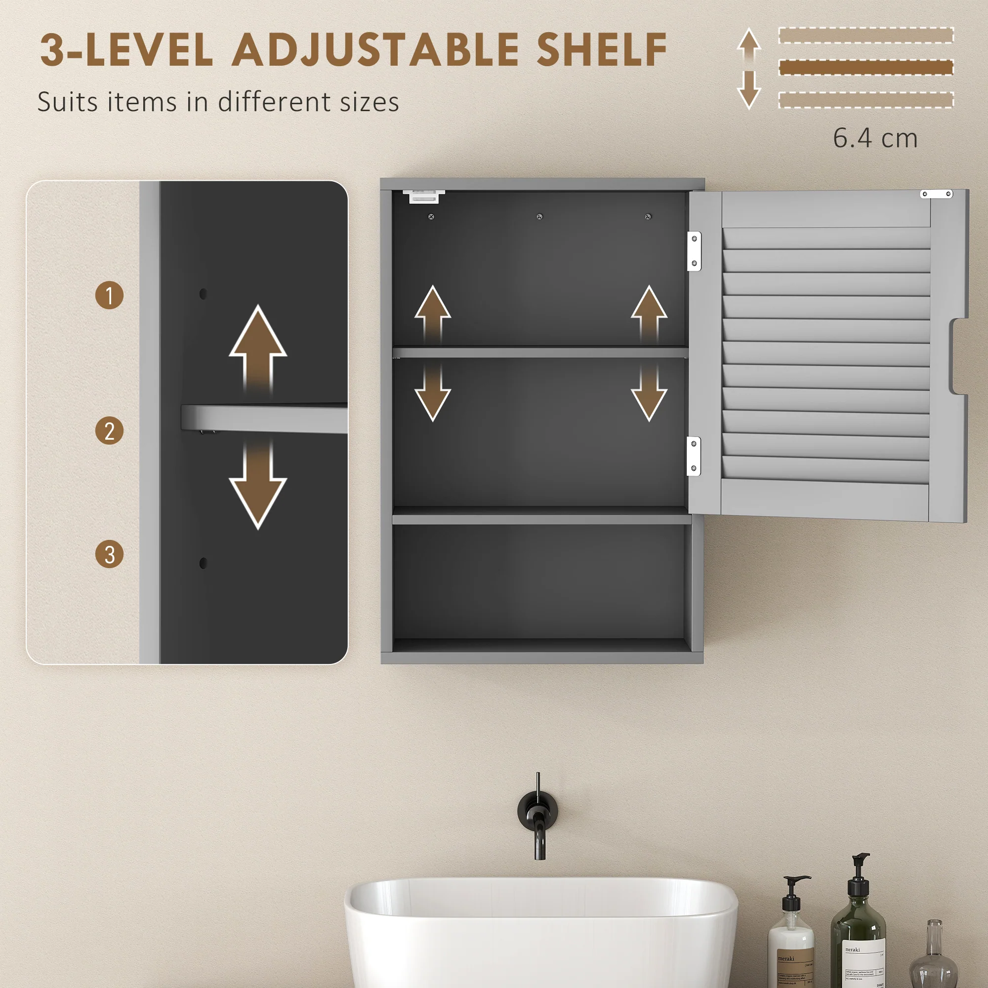 HOMCOM Bathroom Cabinet, Wall Mounted Cabinet with Adjustable Shelves, Grey - Image 5
