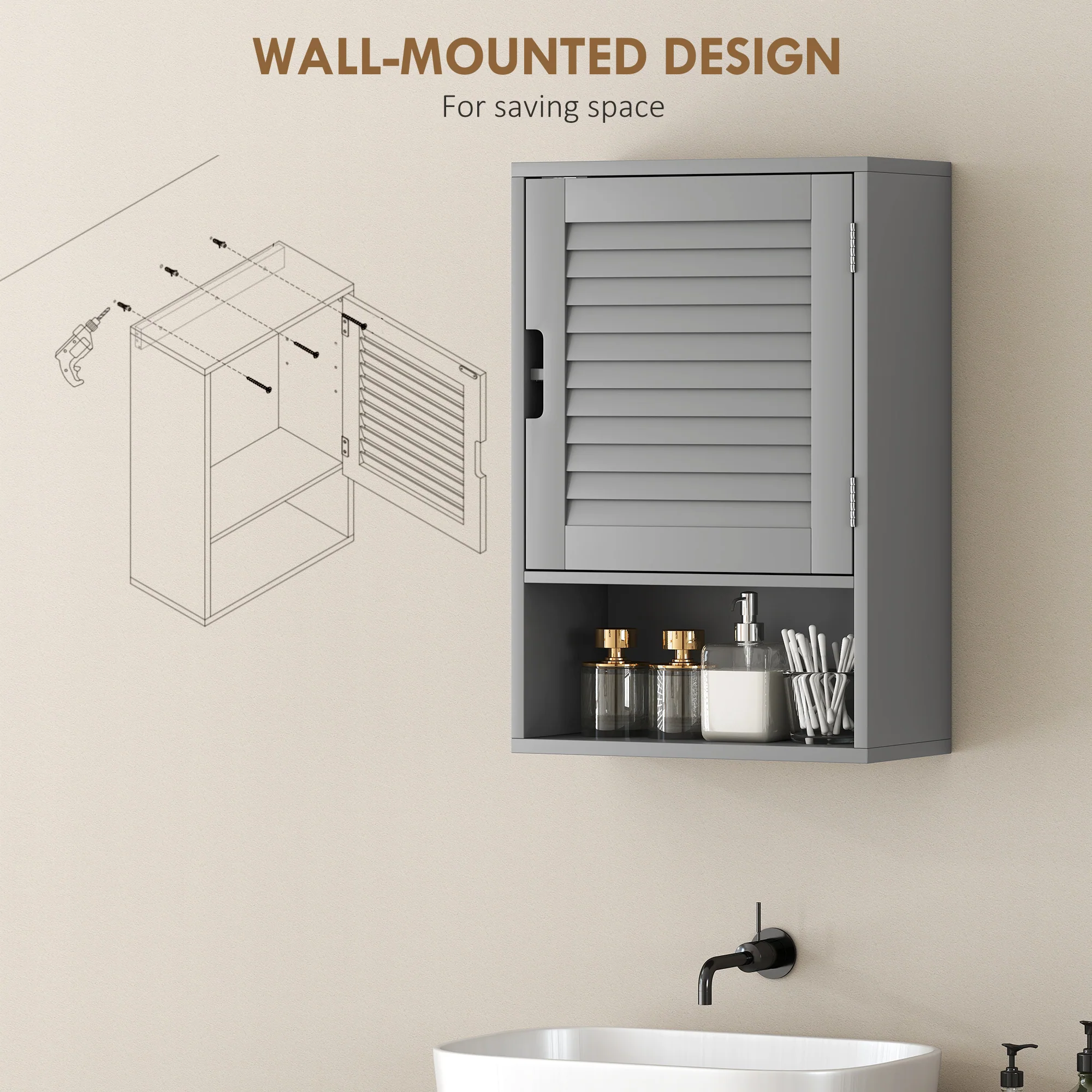 HOMCOM Bathroom Cabinet, Wall Mounted Cabinet with Adjustable Shelves, Grey - Image 6