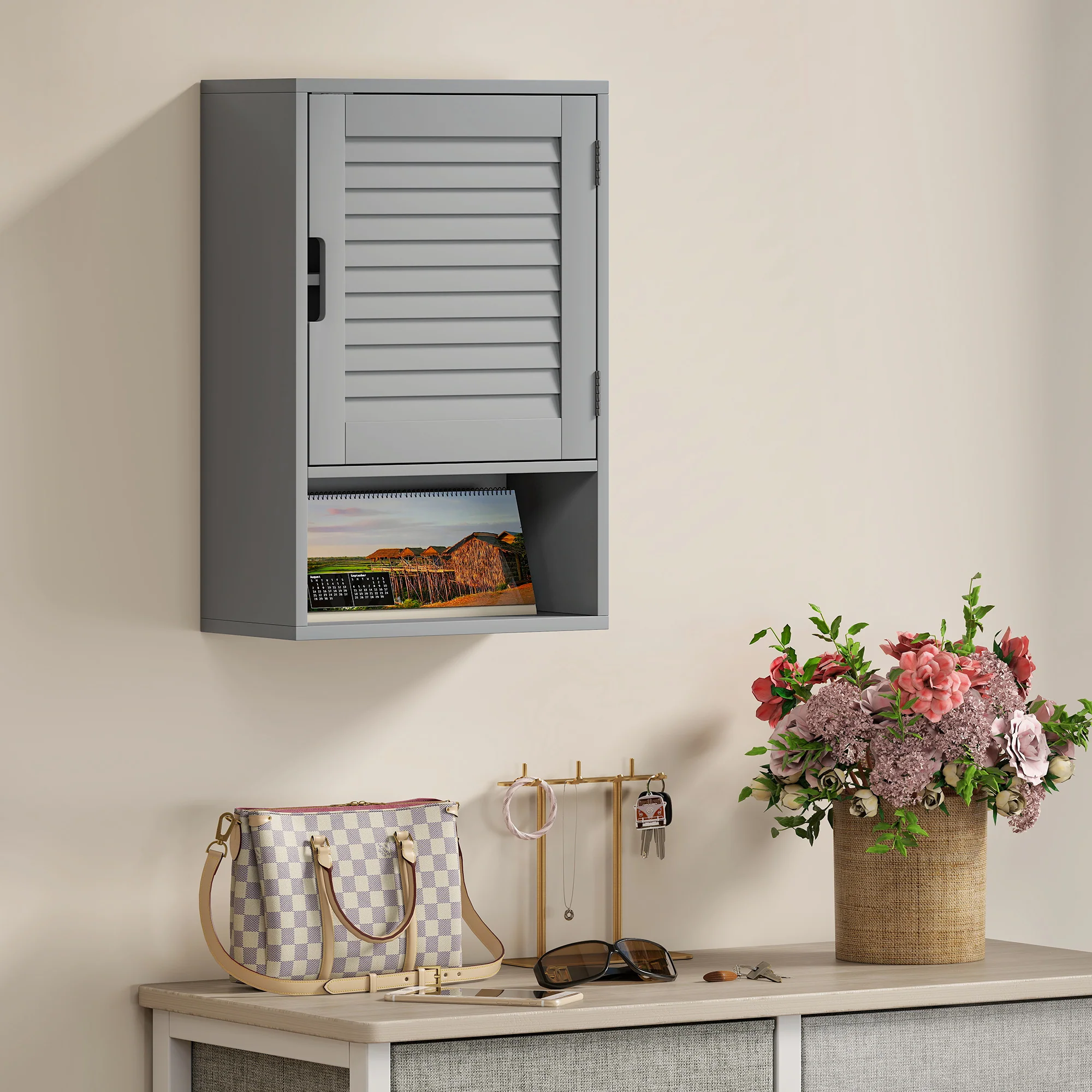 HOMCOM Bathroom Cabinet, Wall Mounted Cabinet with Adjustable Shelves, Grey - Image 9