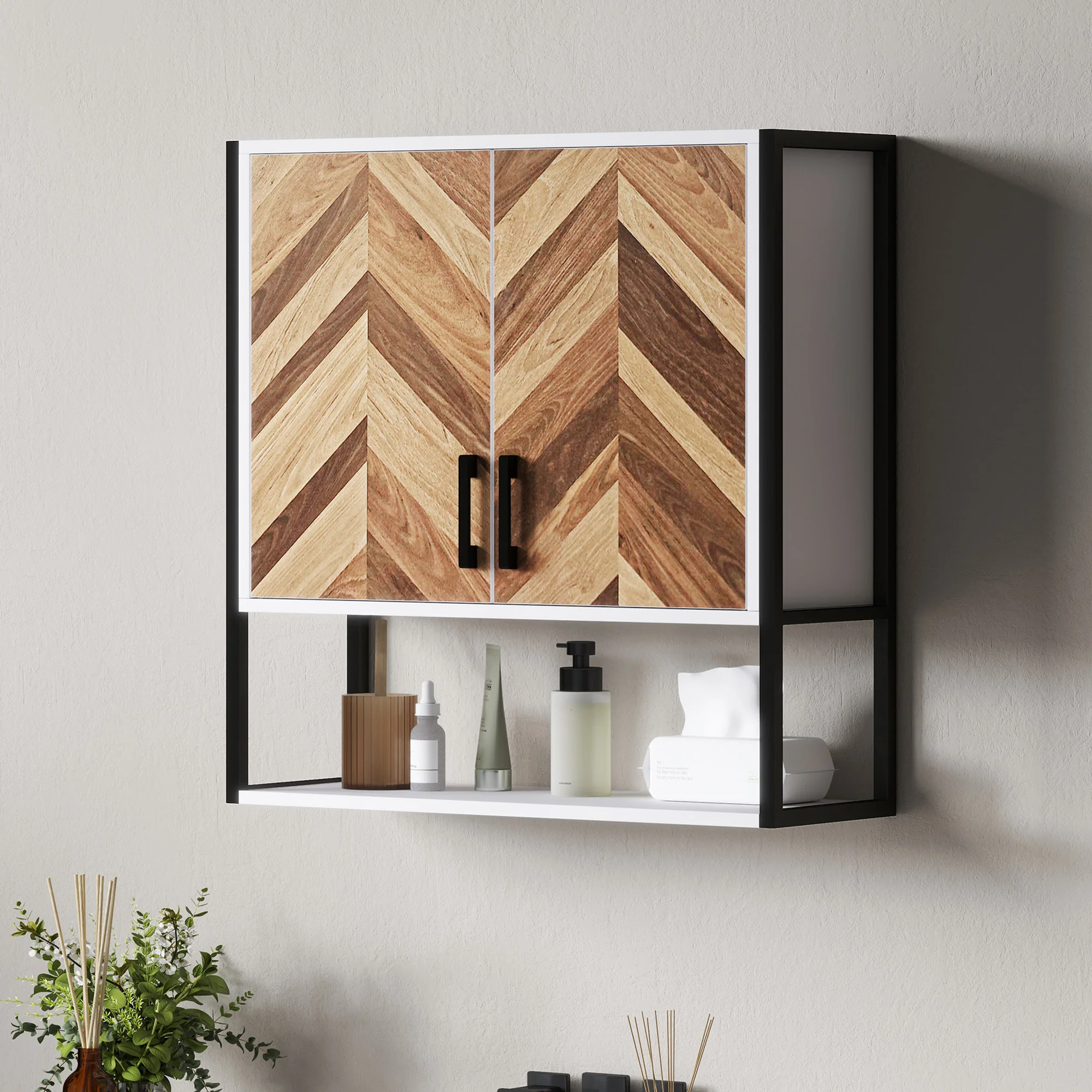 HOMCOM Bathroom Cabinet Wall Mounted Over The Toilet With 2 Doors, Walnut - Image 2
