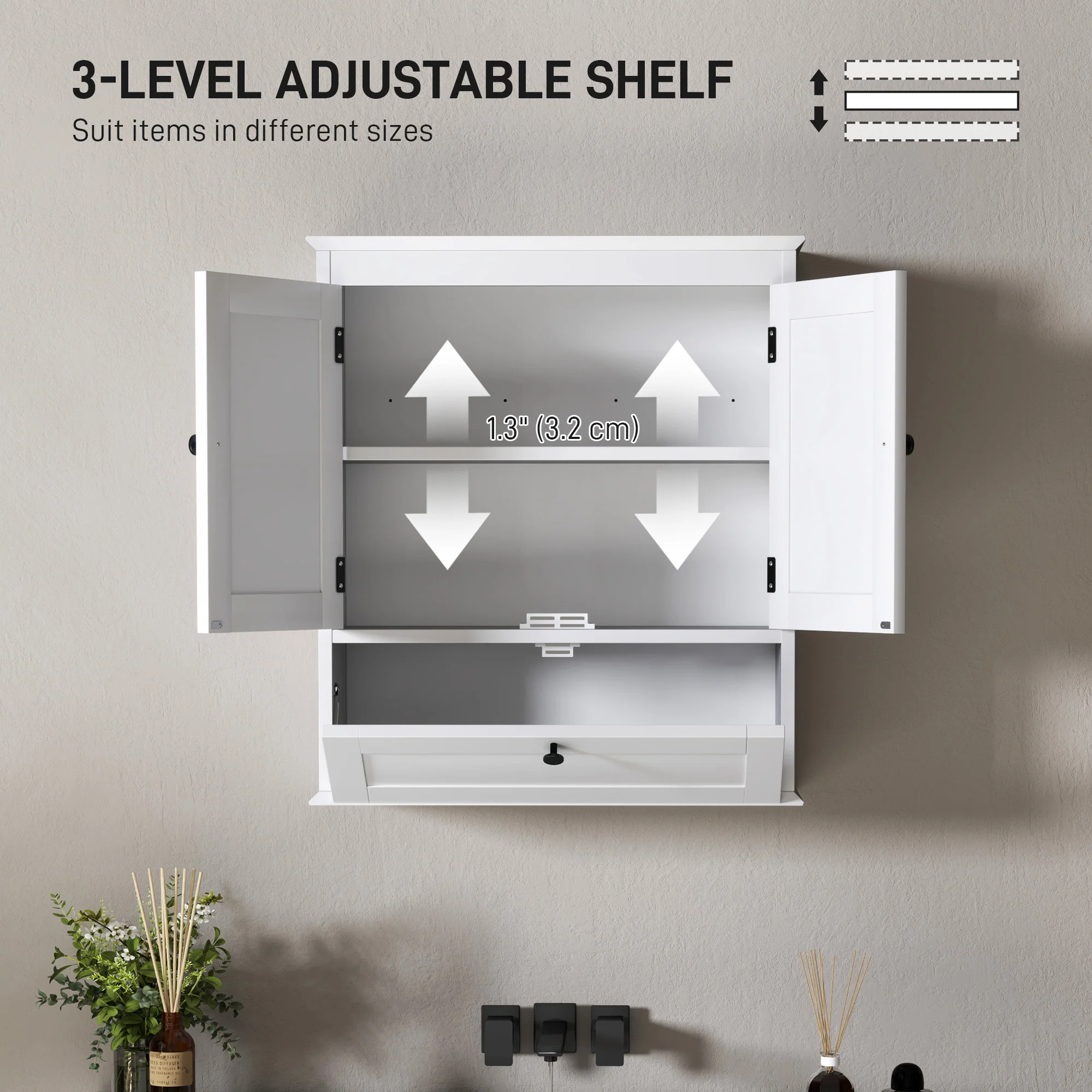 HOMCOM Bathroom Cabinet Wall Mounted With Adjustable Shelf, White - Image 5