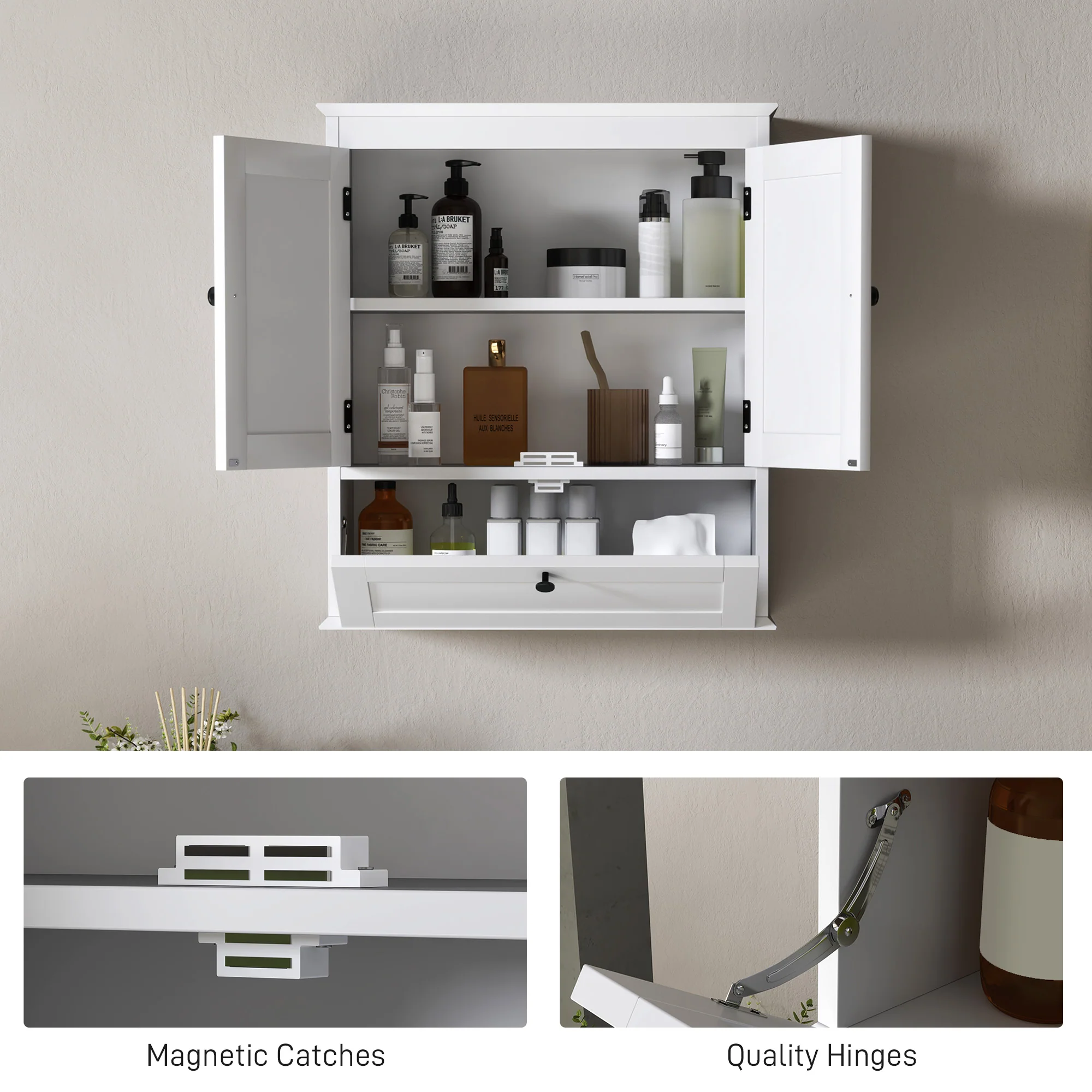 HOMCOM Bathroom Cabinet Wall Mounted With Adjustable Shelf, White - Image 7