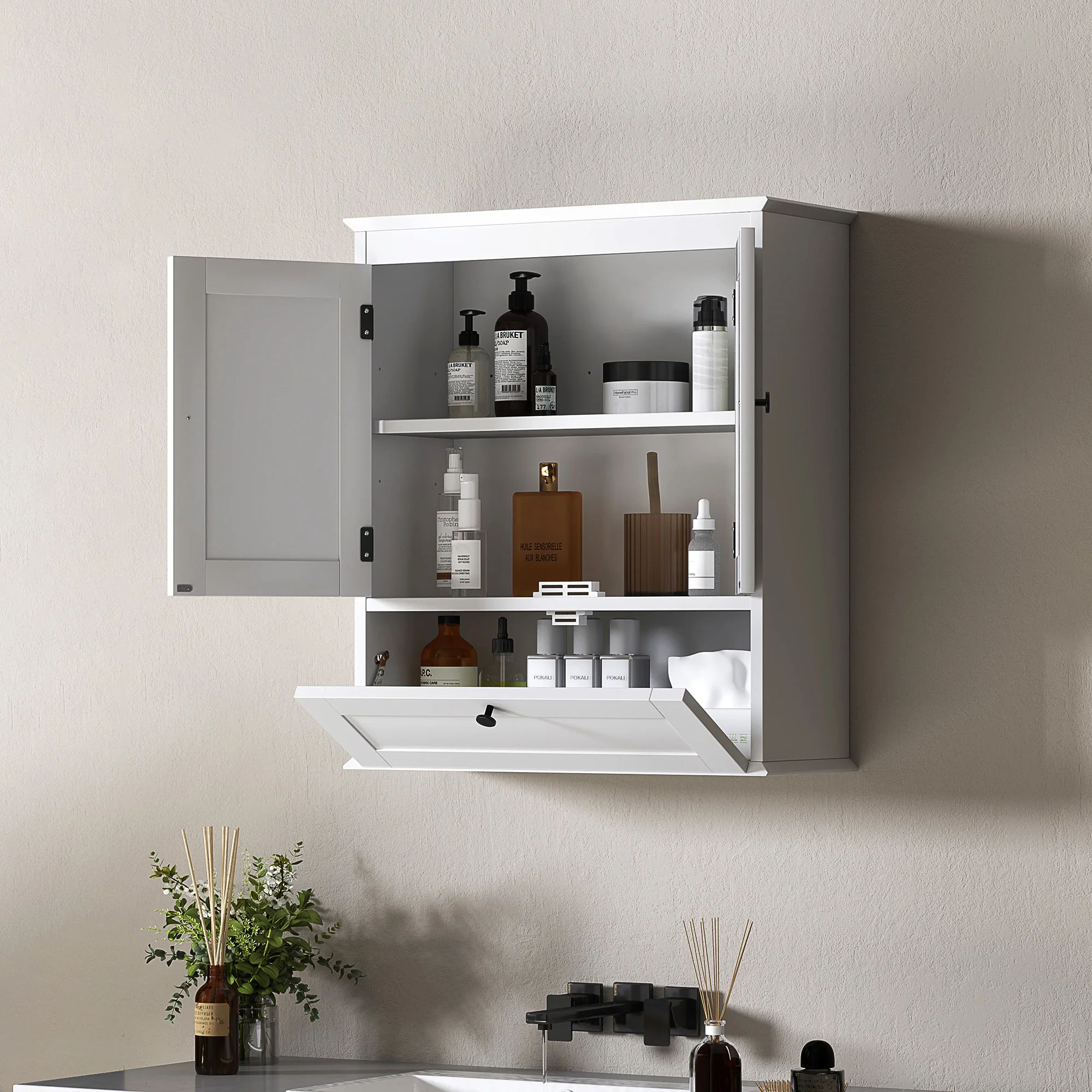 HOMCOM Bathroom Cabinet Wall Mounted With Adjustable Shelf, White - Image 9