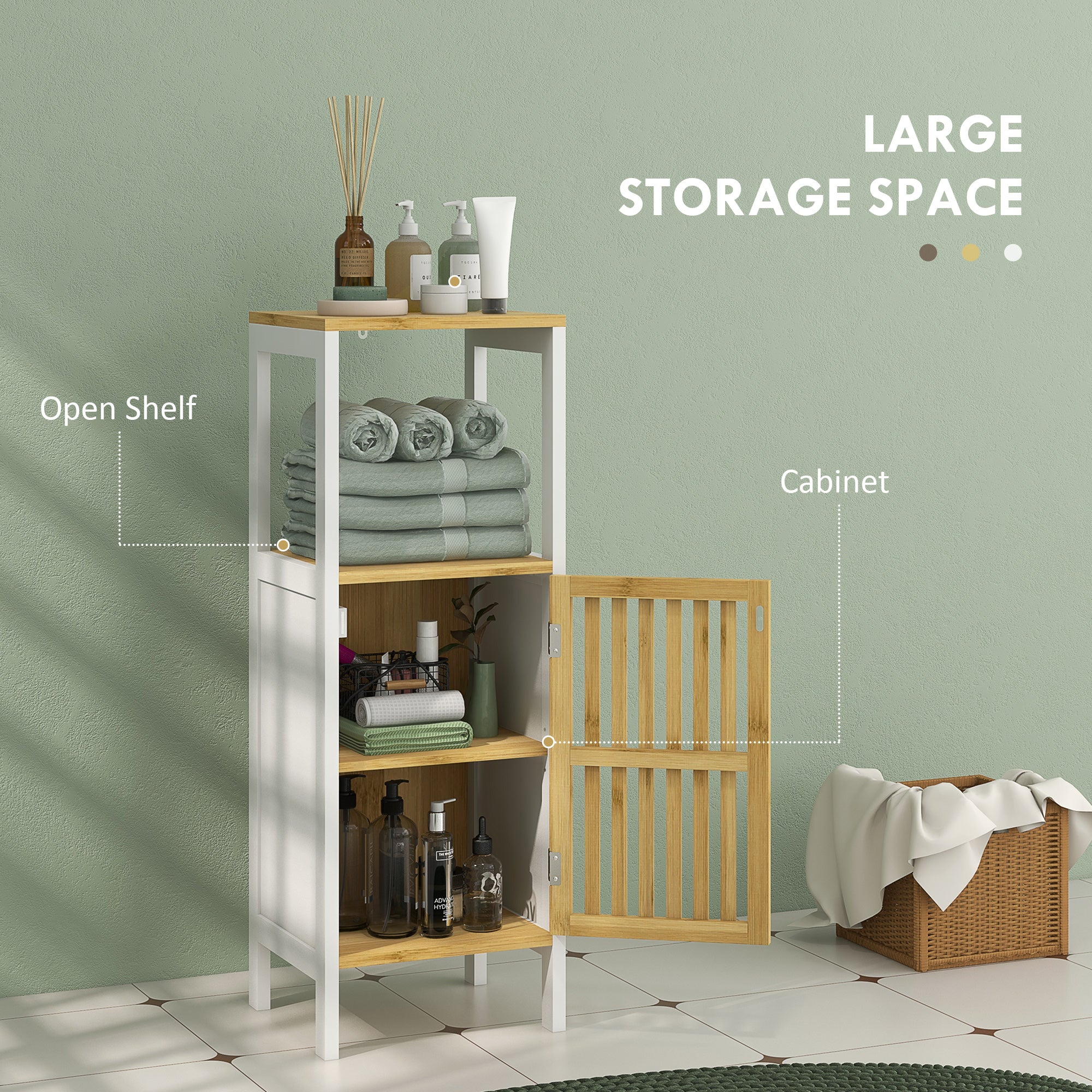 HOMCOM Bathroom Floor Cabinet Bamboo Bathroom Cupboard with Adjustable Shelf - Image 3