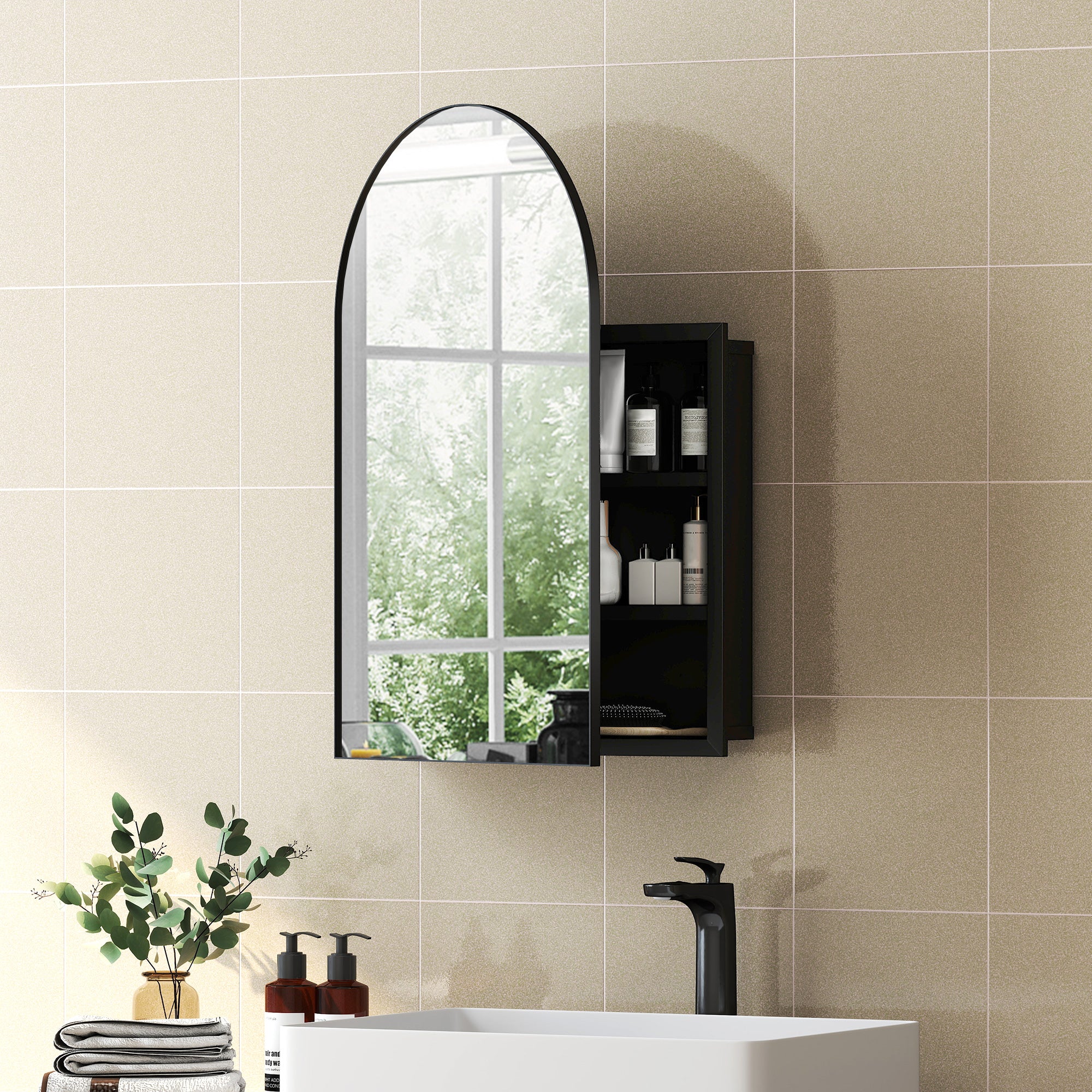 HOMCOM Bathroom Mirror Cabinet with Mirror Arched Wall Cabinet Black - Image 2